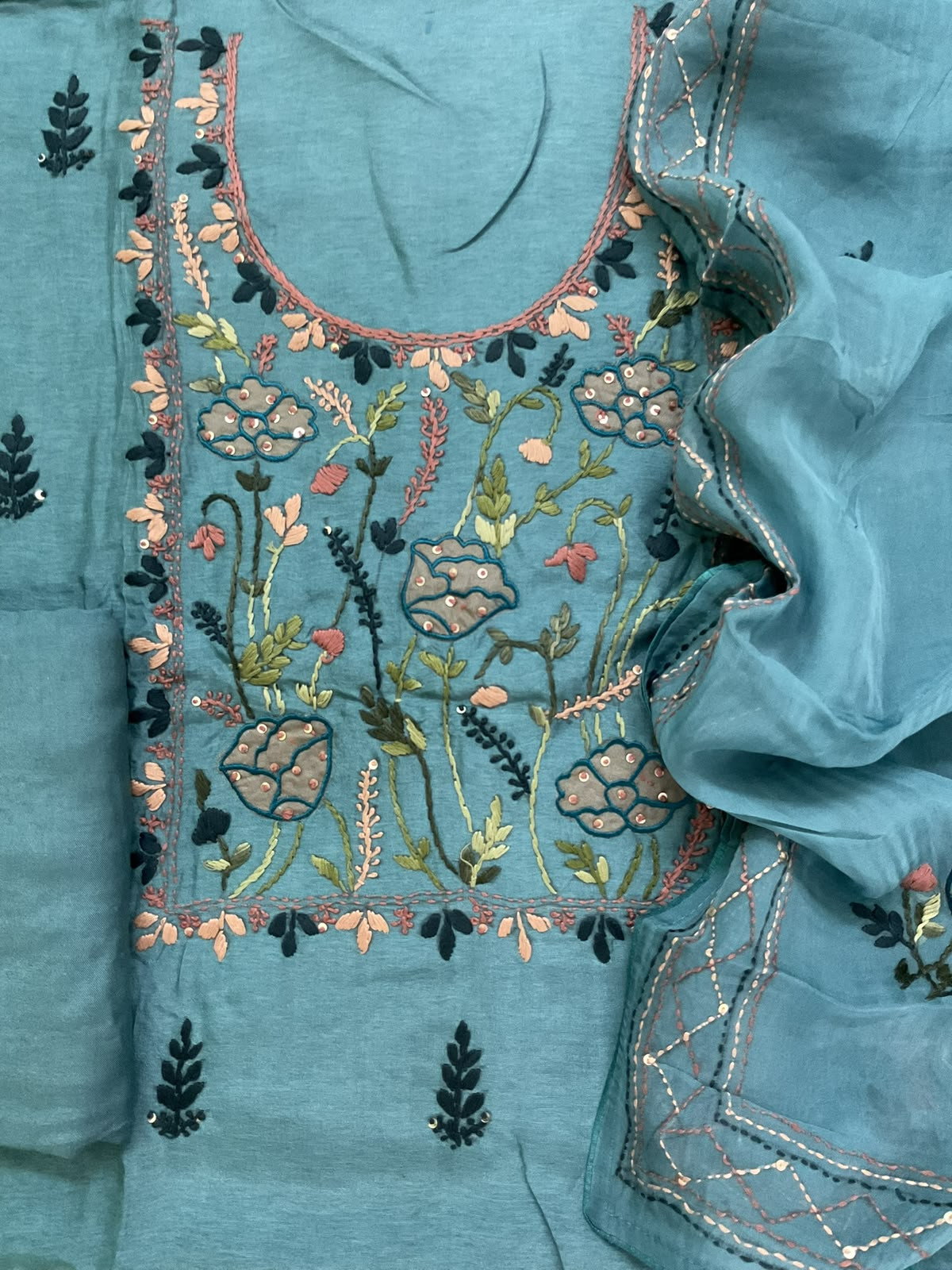 Soft Dola Silk Embroidered Suit - Blue