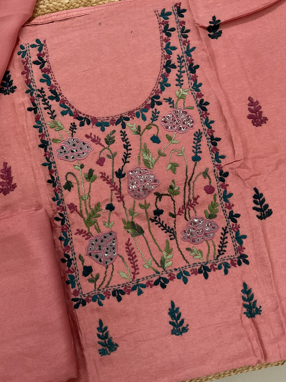 Soft Dola Silk Embroidered Suit - Peach