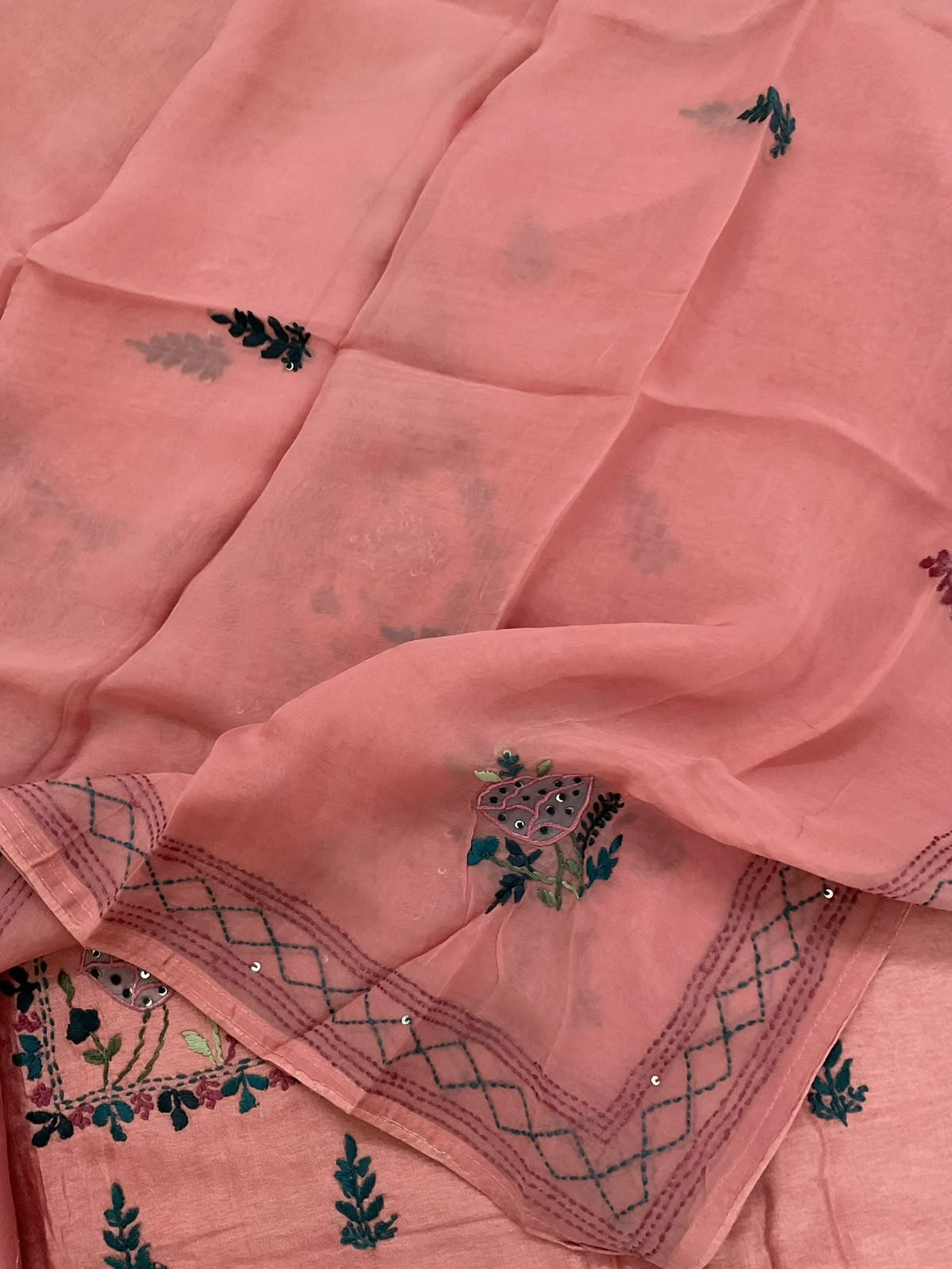 Soft Dola Silk Embroidered Suit - Peach