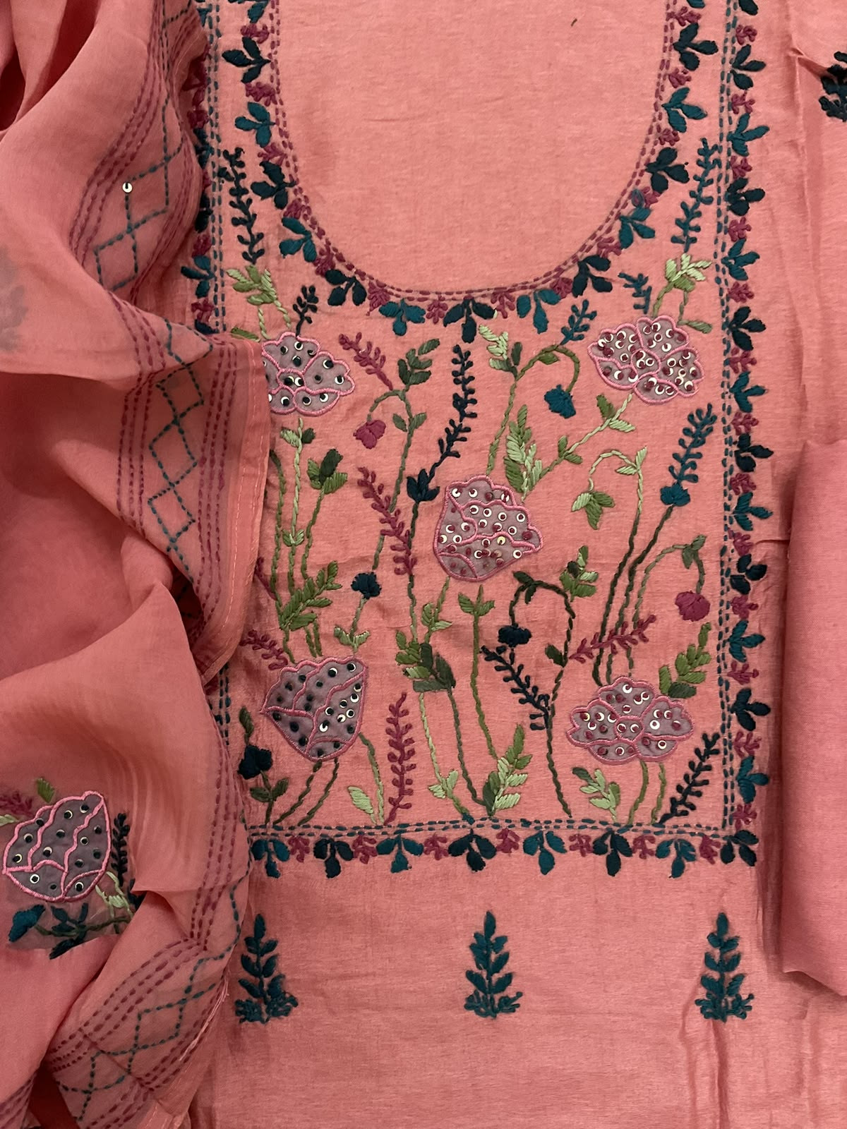 Soft Dola Silk Embroidered Suit - Peach