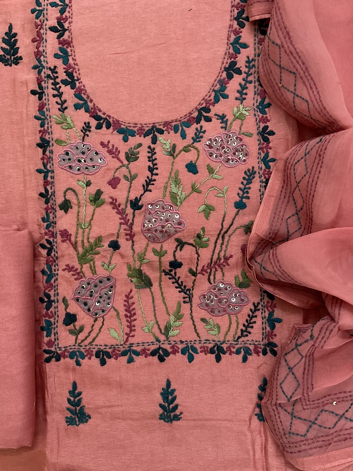Soft Dola Silk Embroidered Suit - Peach
