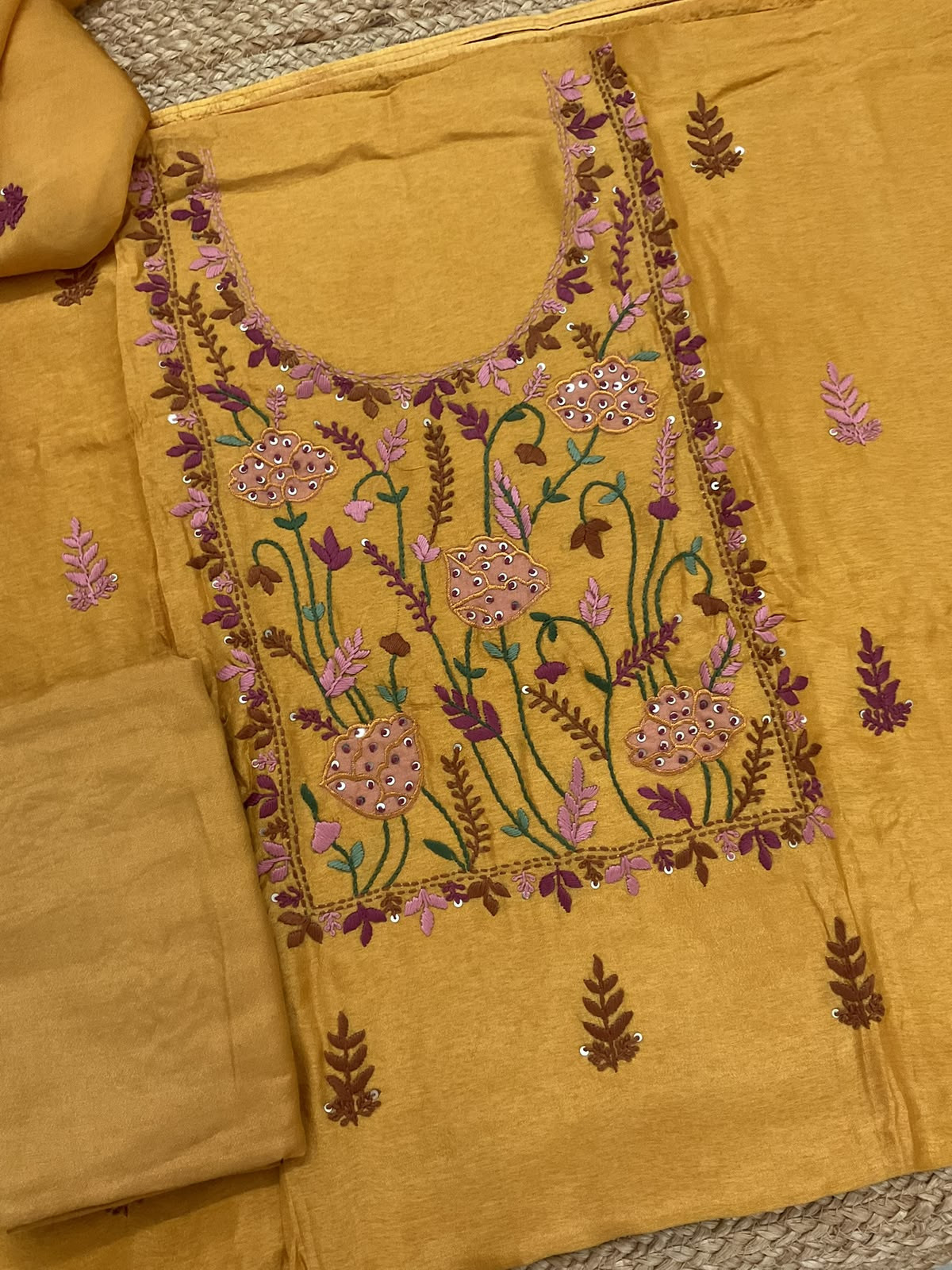 Soft Dola Silk Embroidered Suit - Yellow