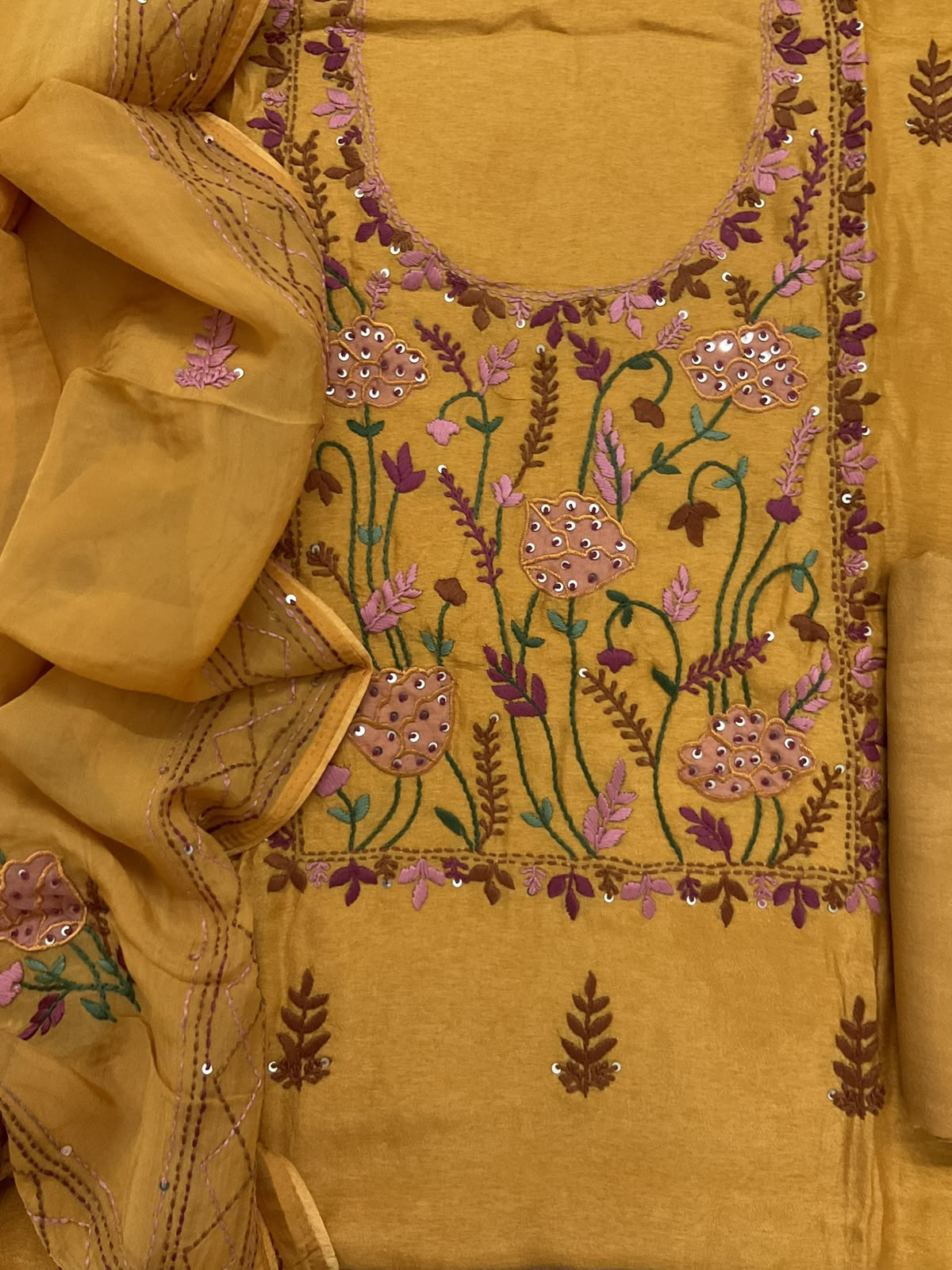 Soft Dola Silk Embroidered Suit - Yellow