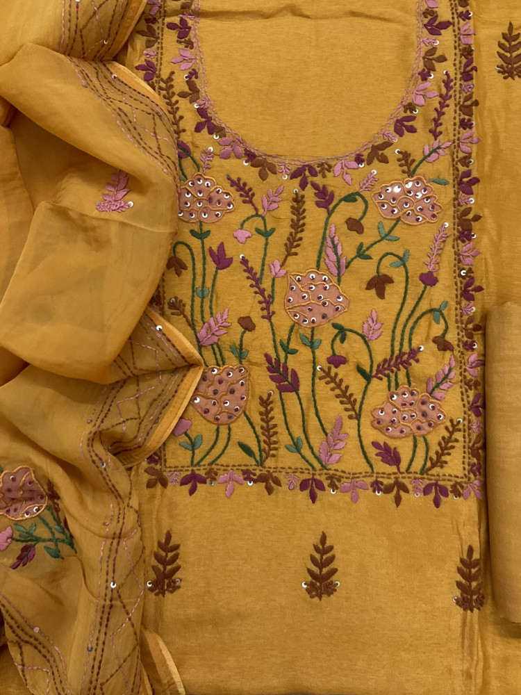 Image of Soft Dola Silk Embroidered Suit - Yellow