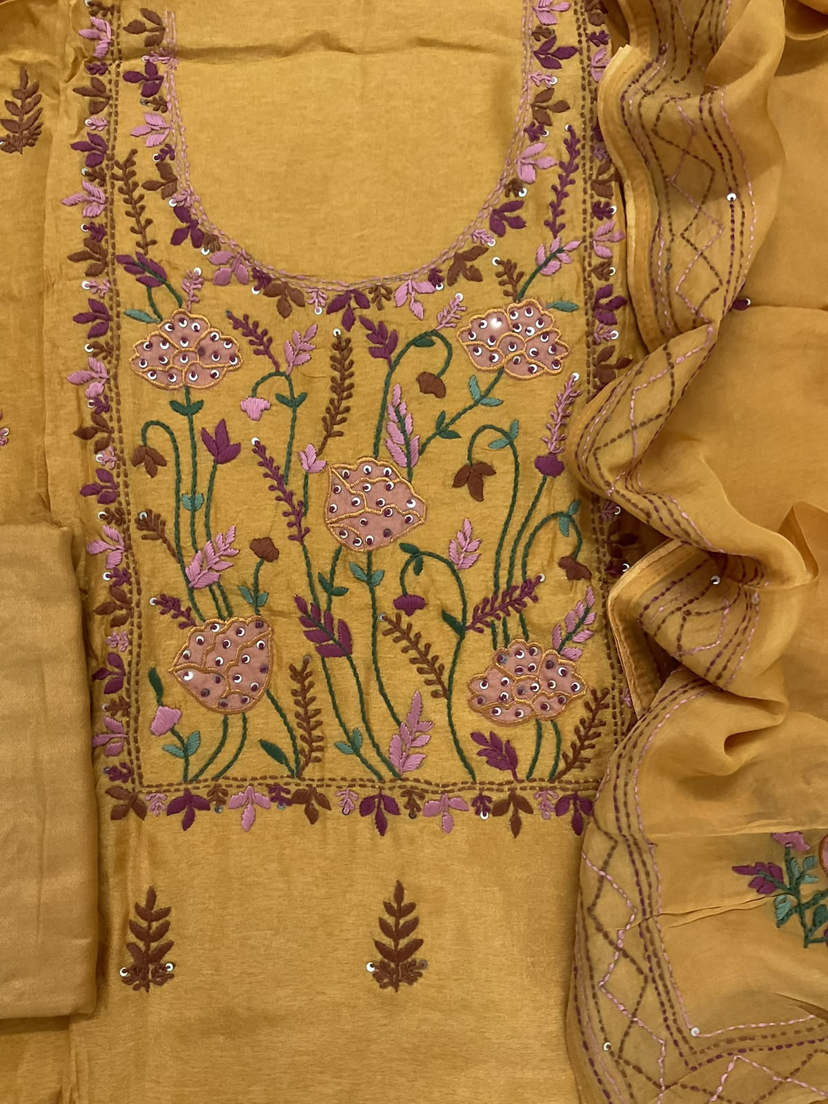 Soft Dola Silk Embroidered Suit - Yellow