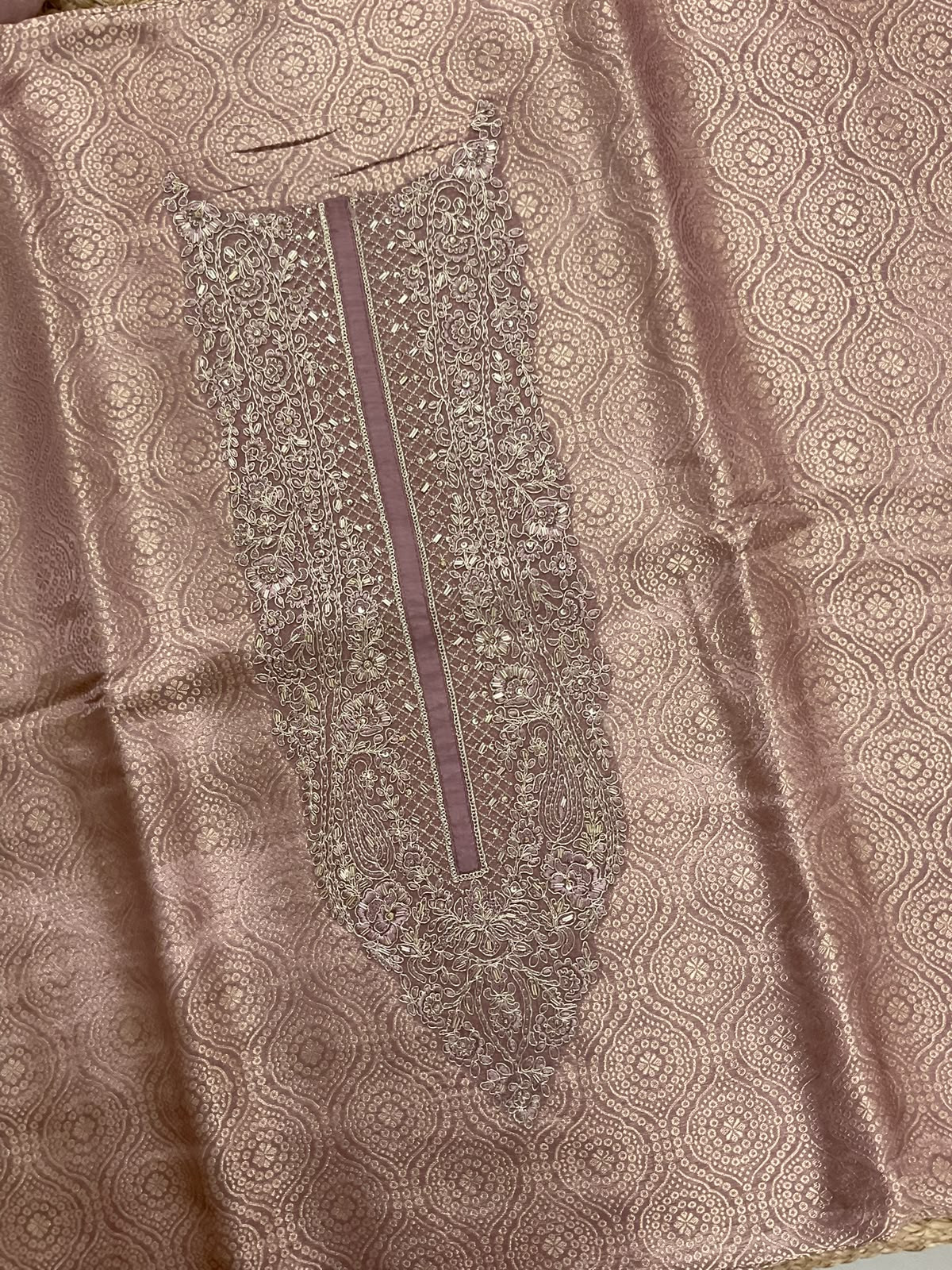 Pure Brocade Silk Self Weaved Embroidered Suit - Onion Pink