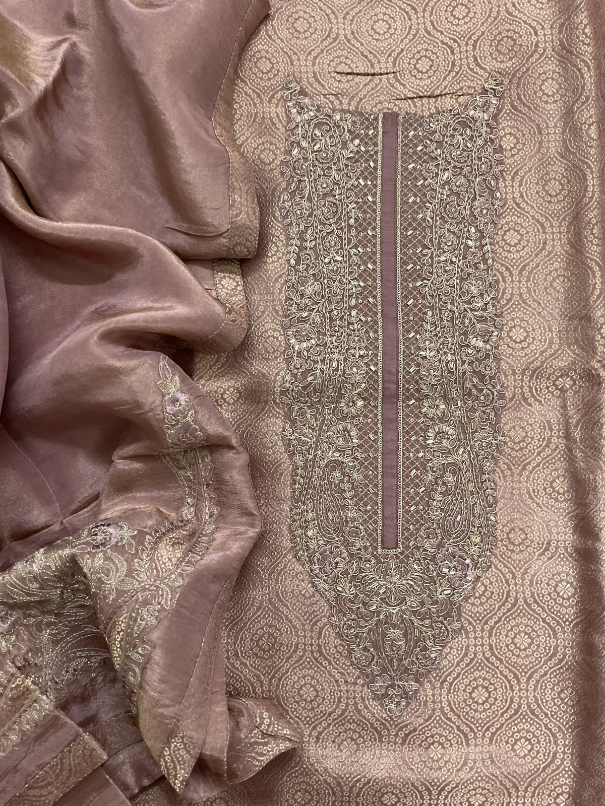 Pure Brocade Silk Self Weaved Embroidered Suit - Onion Pink