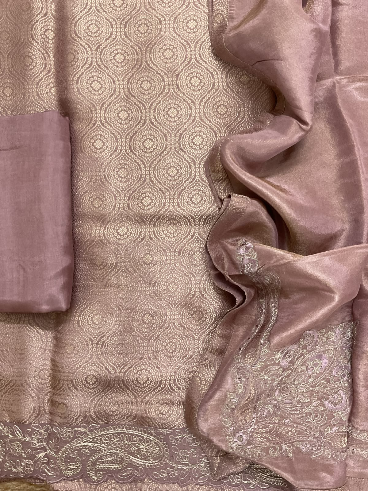 Pure Brocade Silk Self Weaved Embroidered Suit - Onion Pink