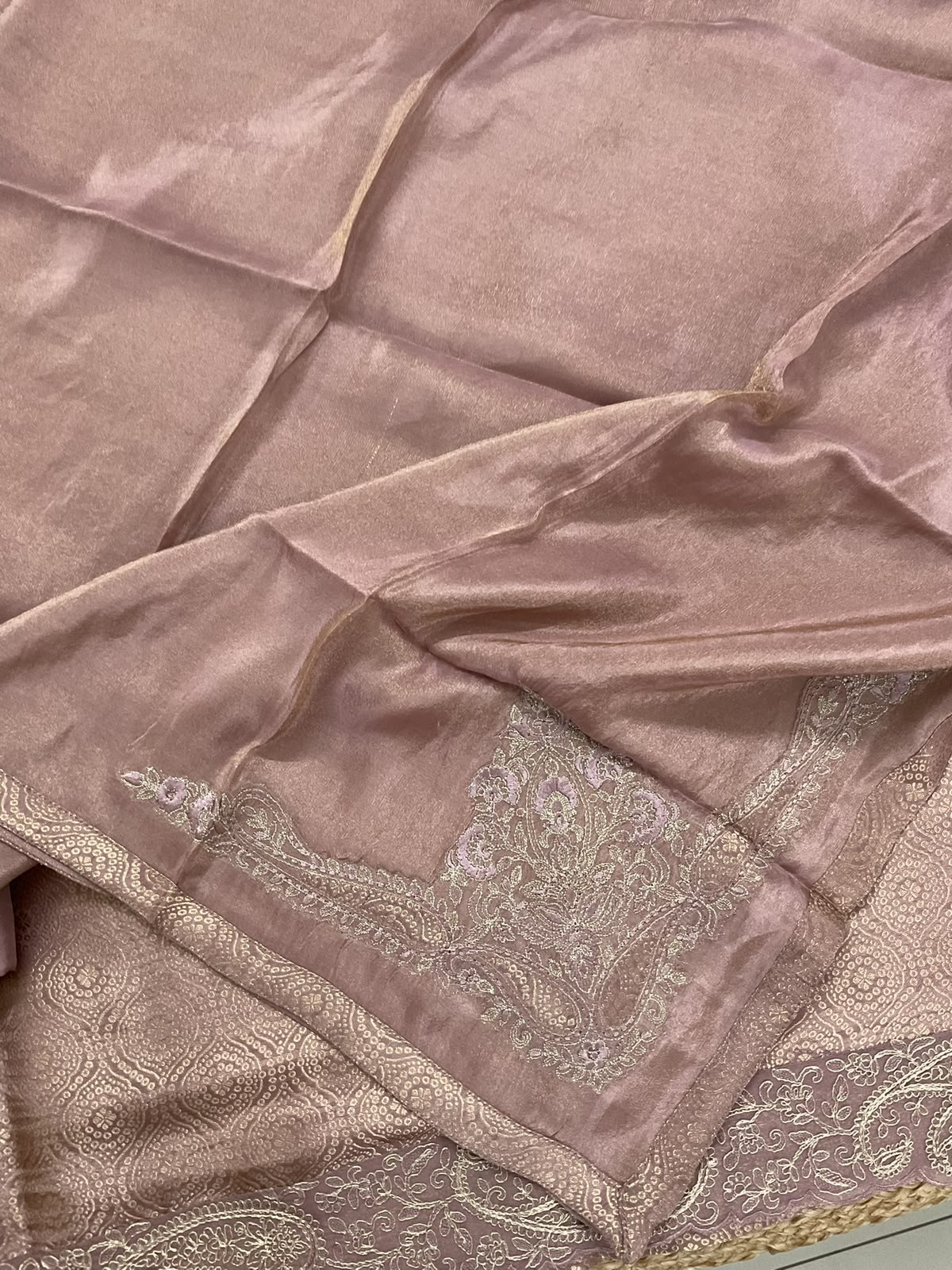 Pure Brocade Silk Self Weaved Embroidered Suit - Onion Pink