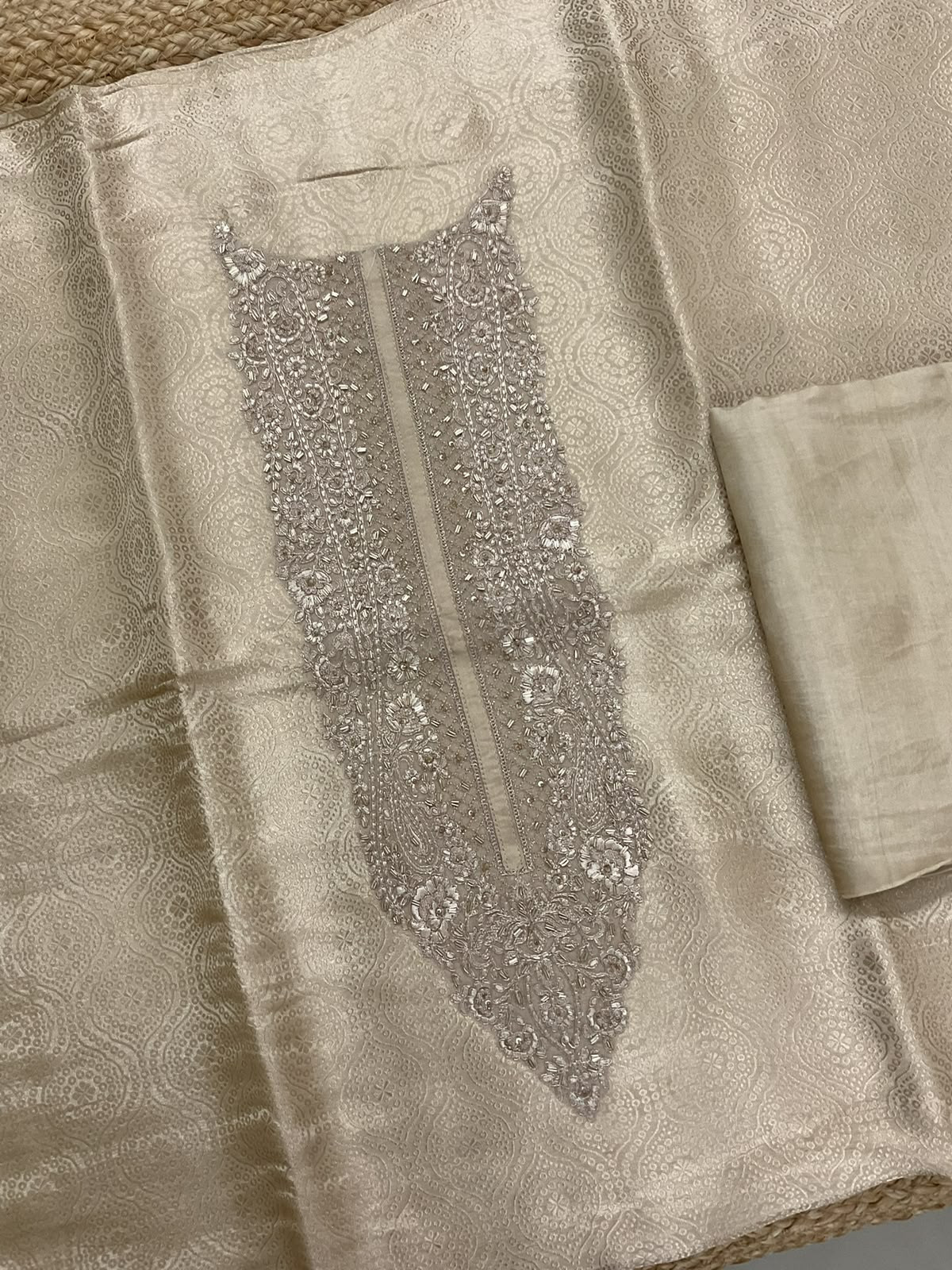 Pure Brocade Silk Self Weaved Embroidered Suit - Cream