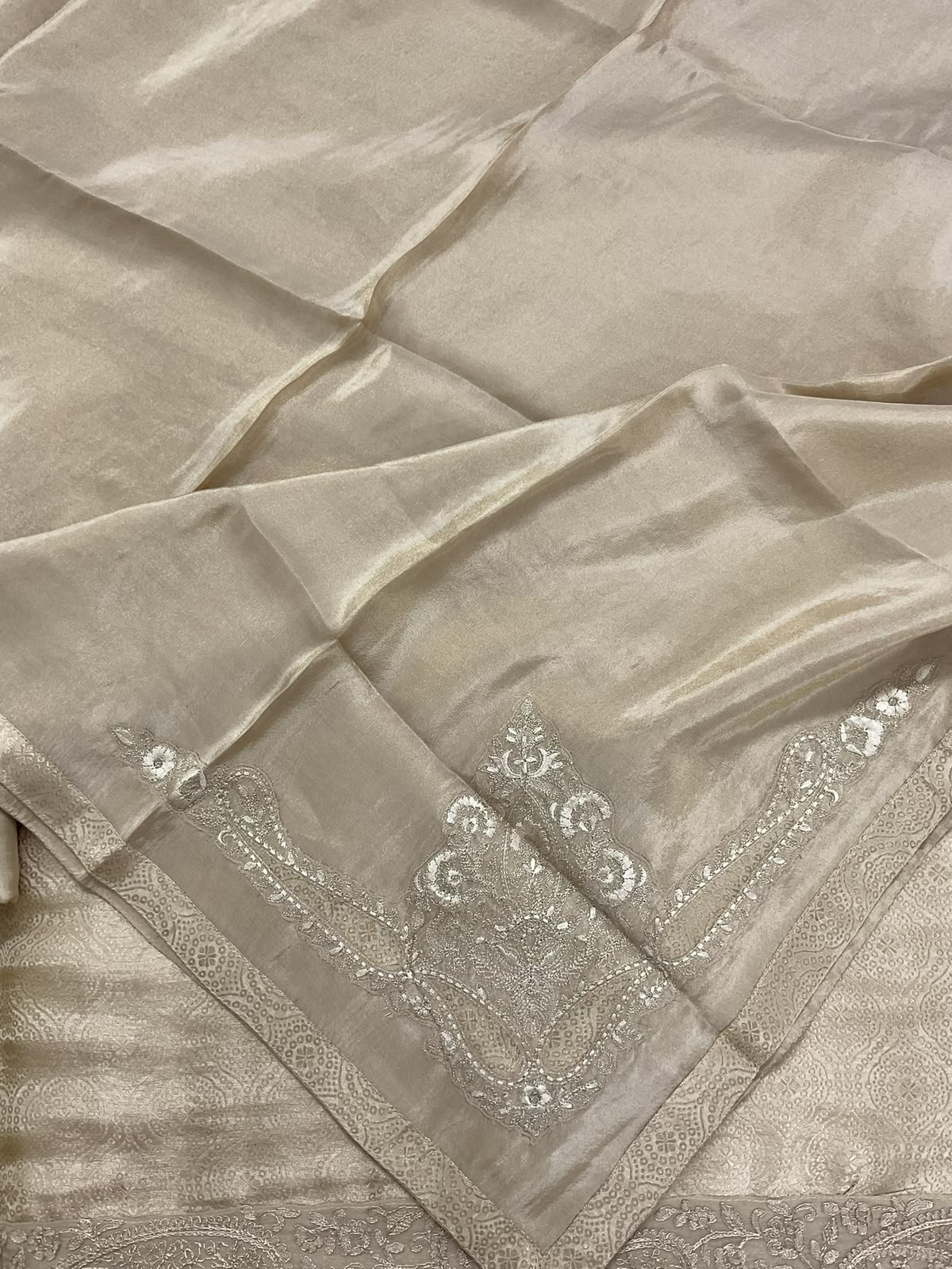 Pure Brocade Silk Self Weaved Embroidered Suit - Cream