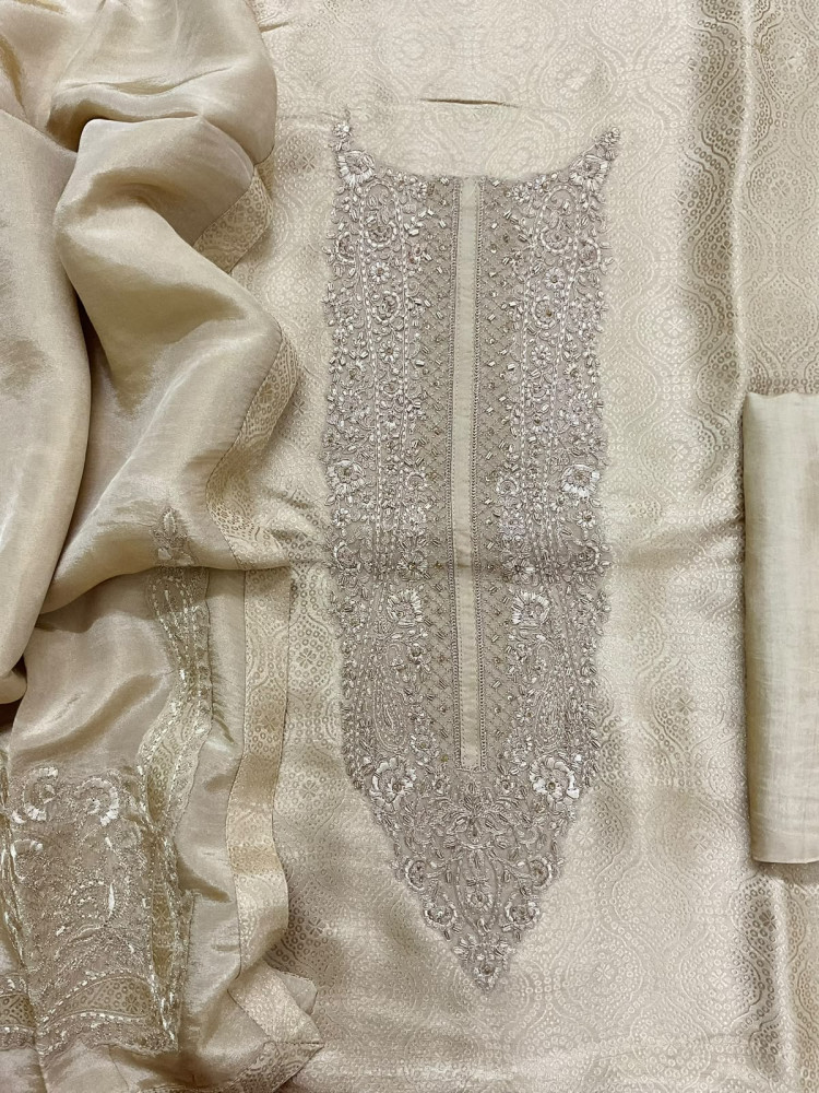 Image of Pure Brocade Silk Self Weaved Embroidered Suit - Cream