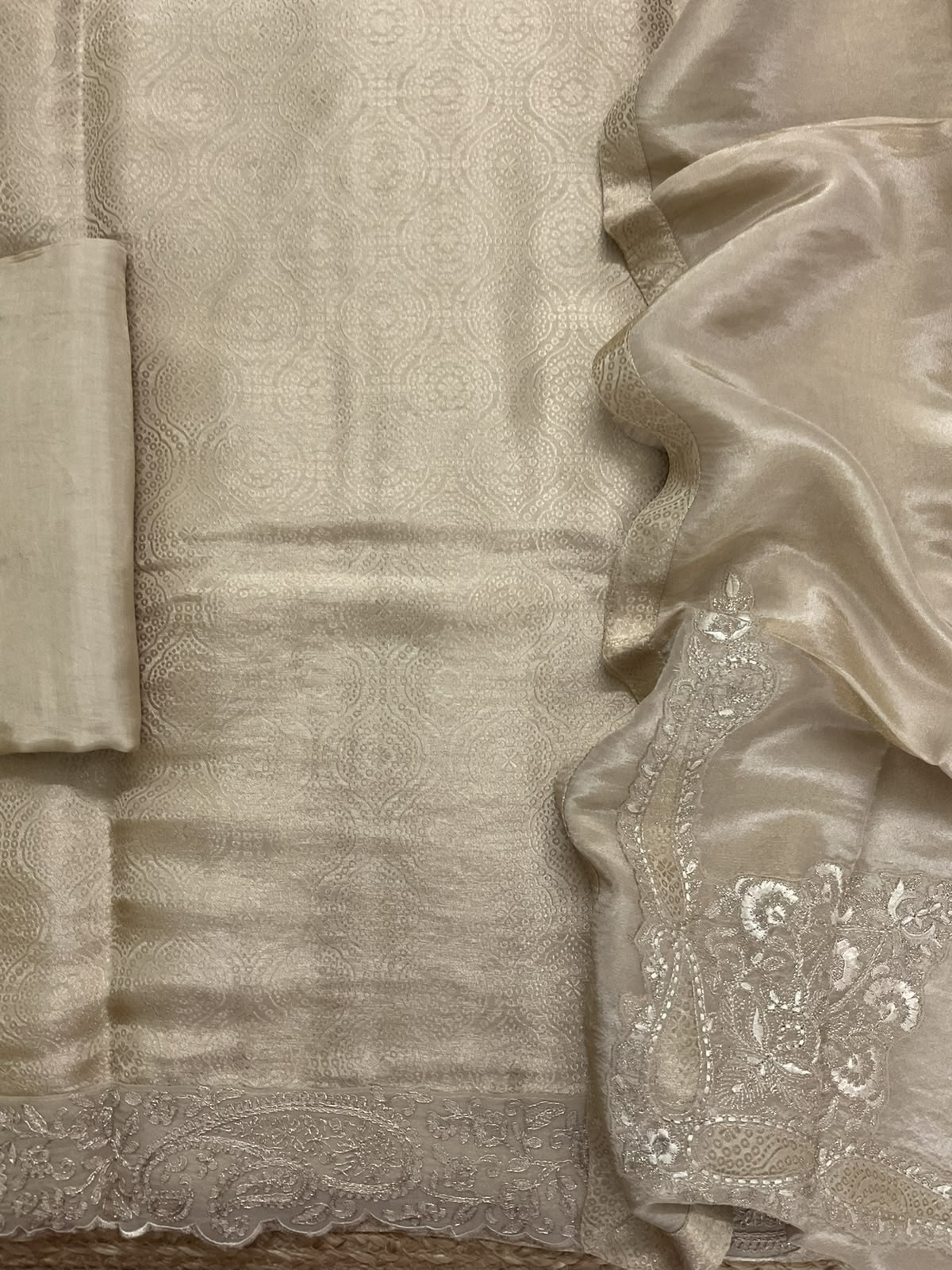Pure Brocade Silk Self Weaved Embroidered Suit - Cream