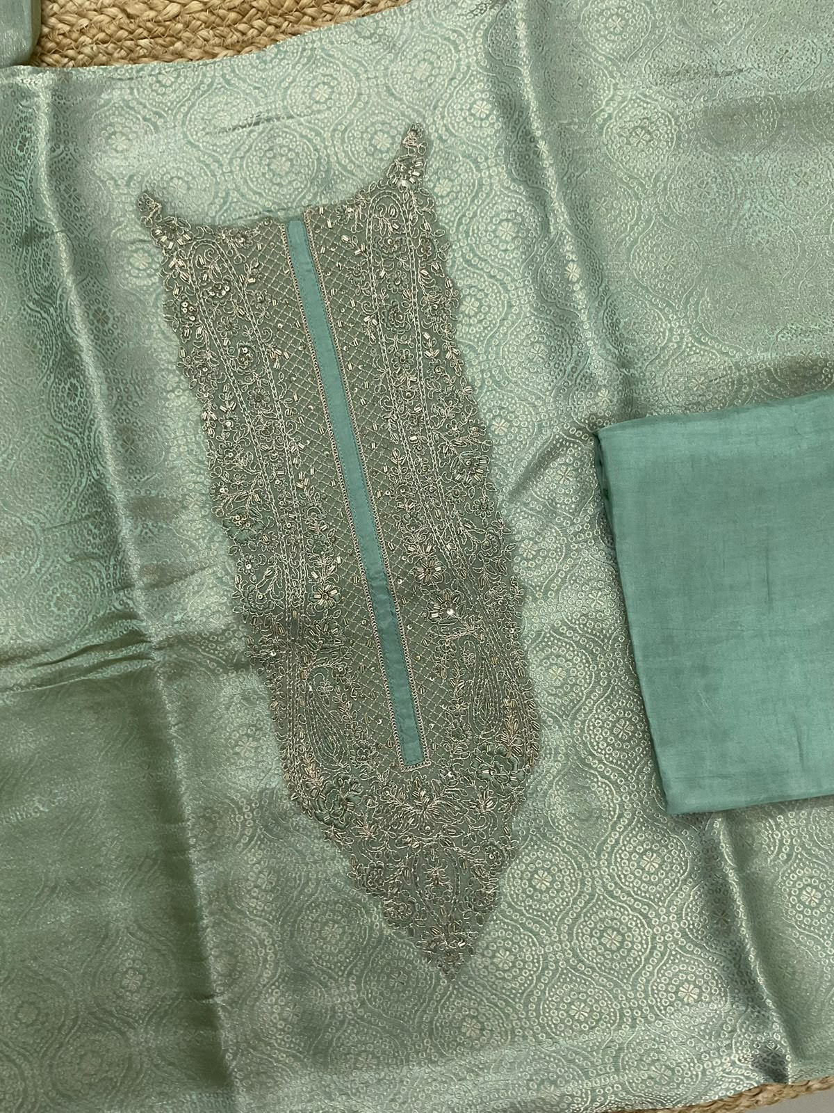 Pure Brocade Silk Self Weaved Embroidered Suit - Green