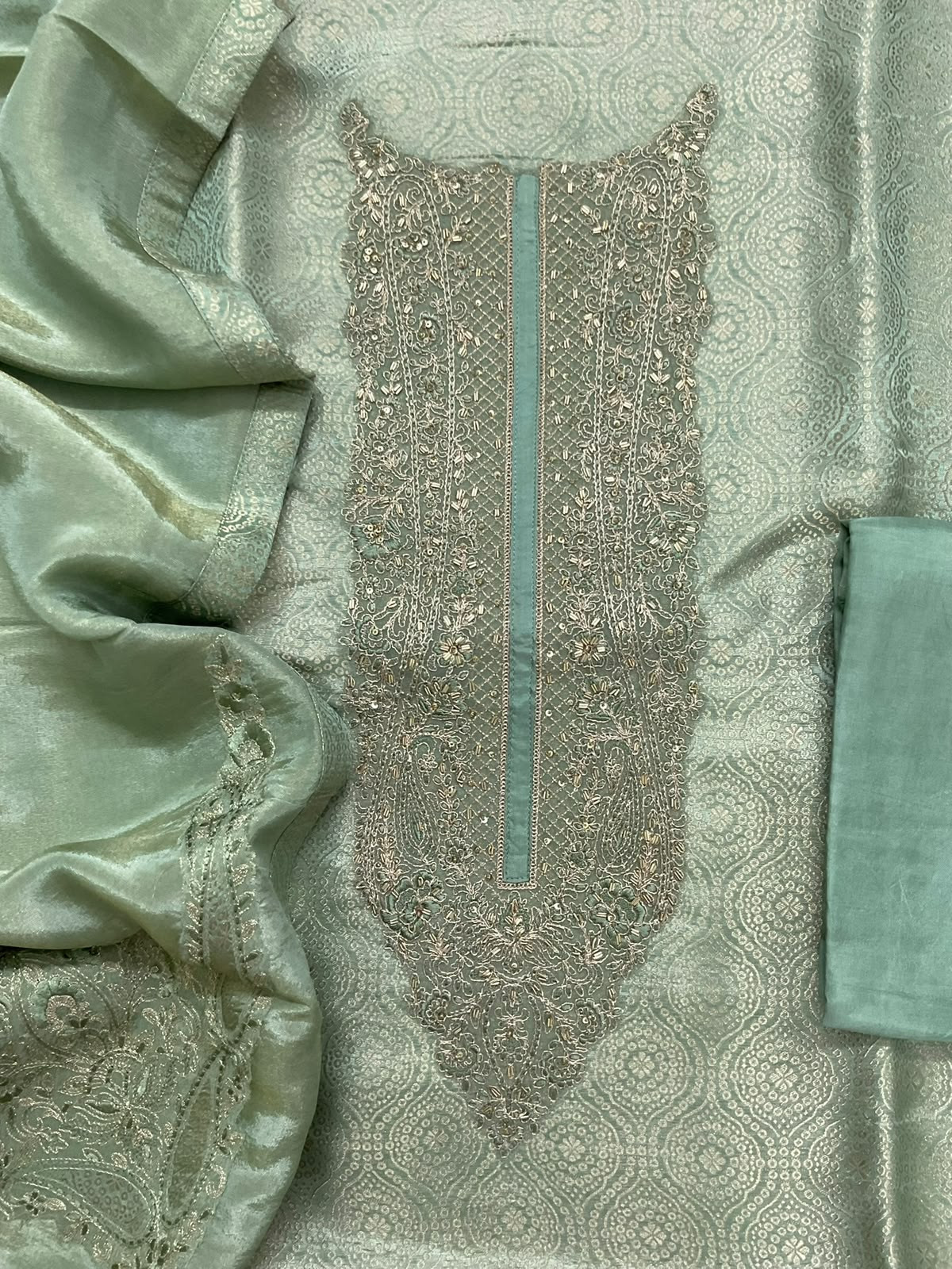 Pure Brocade Silk Self Weaved Embroidered Suit - Green