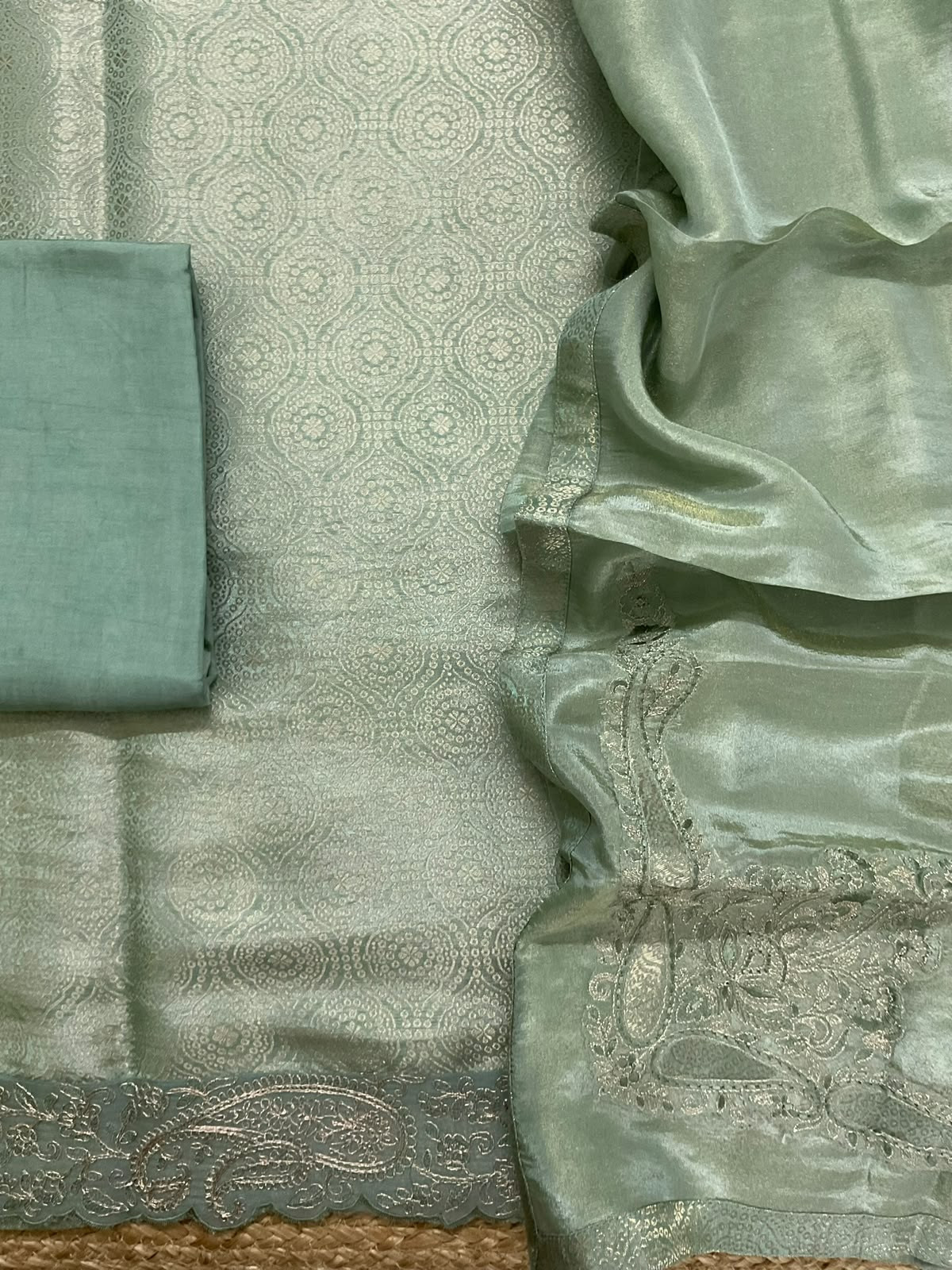 Pure Brocade Silk Self Weaved Embroidered Suit - Green