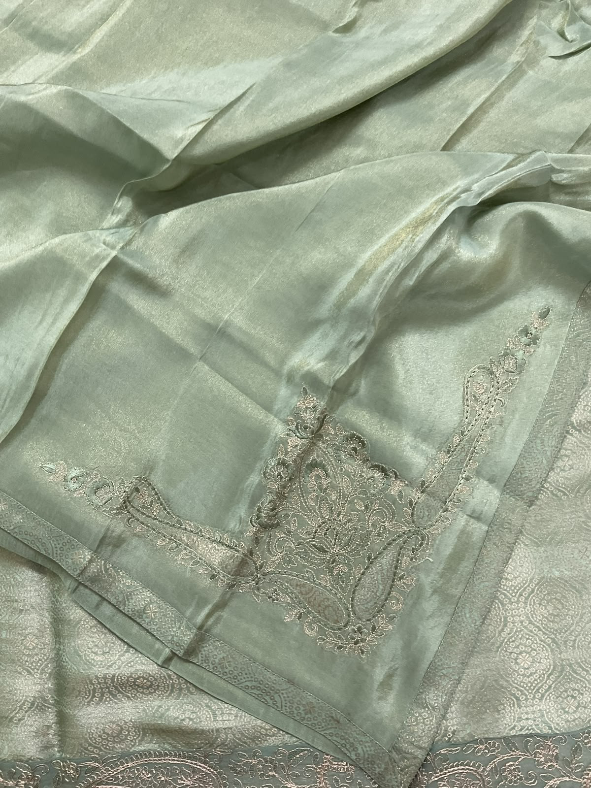 Pure Brocade Silk Self Weaved Embroidered Suit - Green