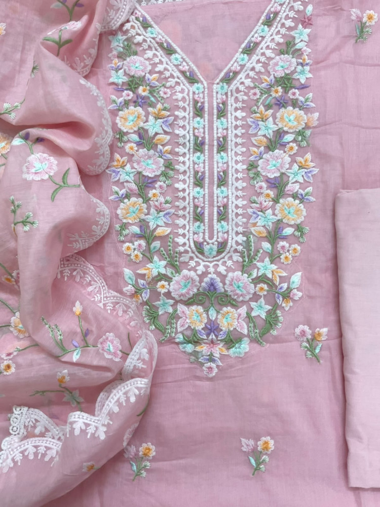Image of Soft Chanderi Embroidered Suit - Pink