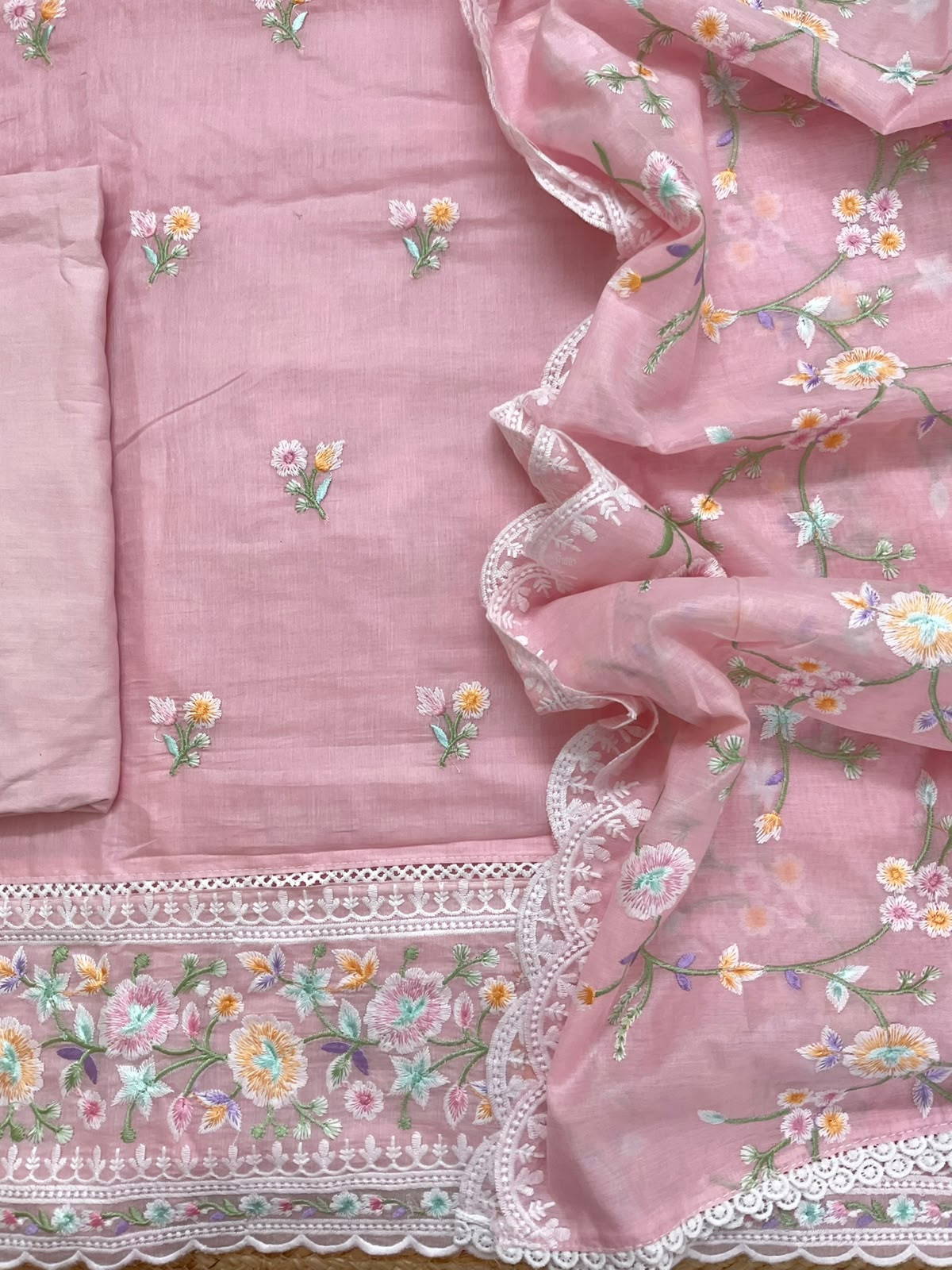 Soft Chanderi Embroidered Suit - Pink