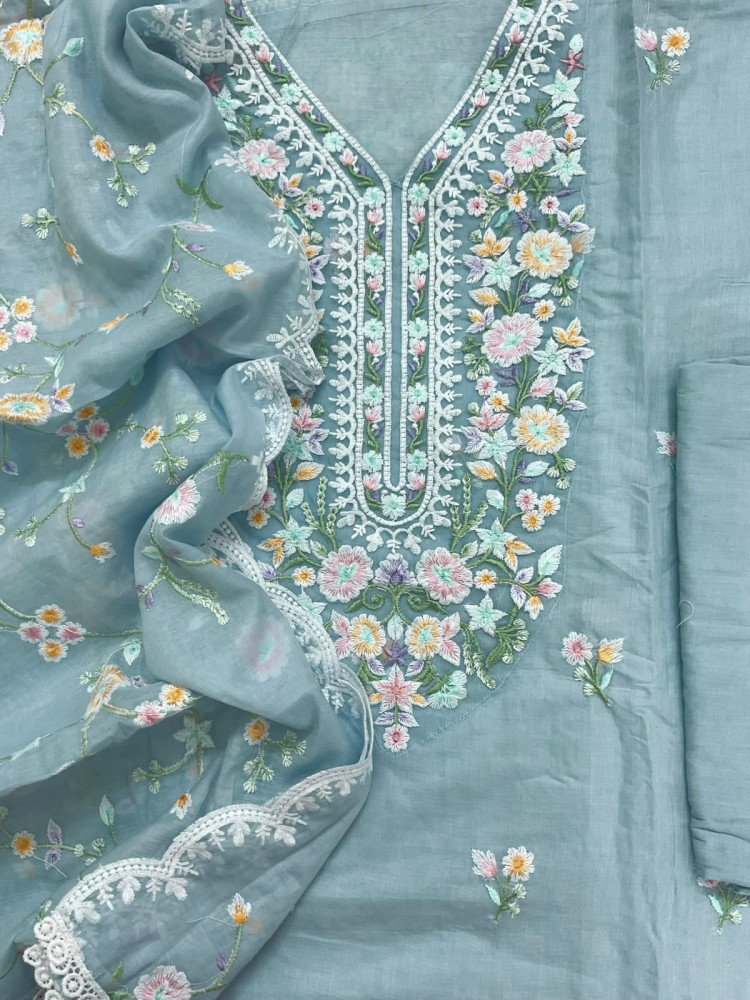 Image of Soft Chanderi Embroidered Suit - Blue