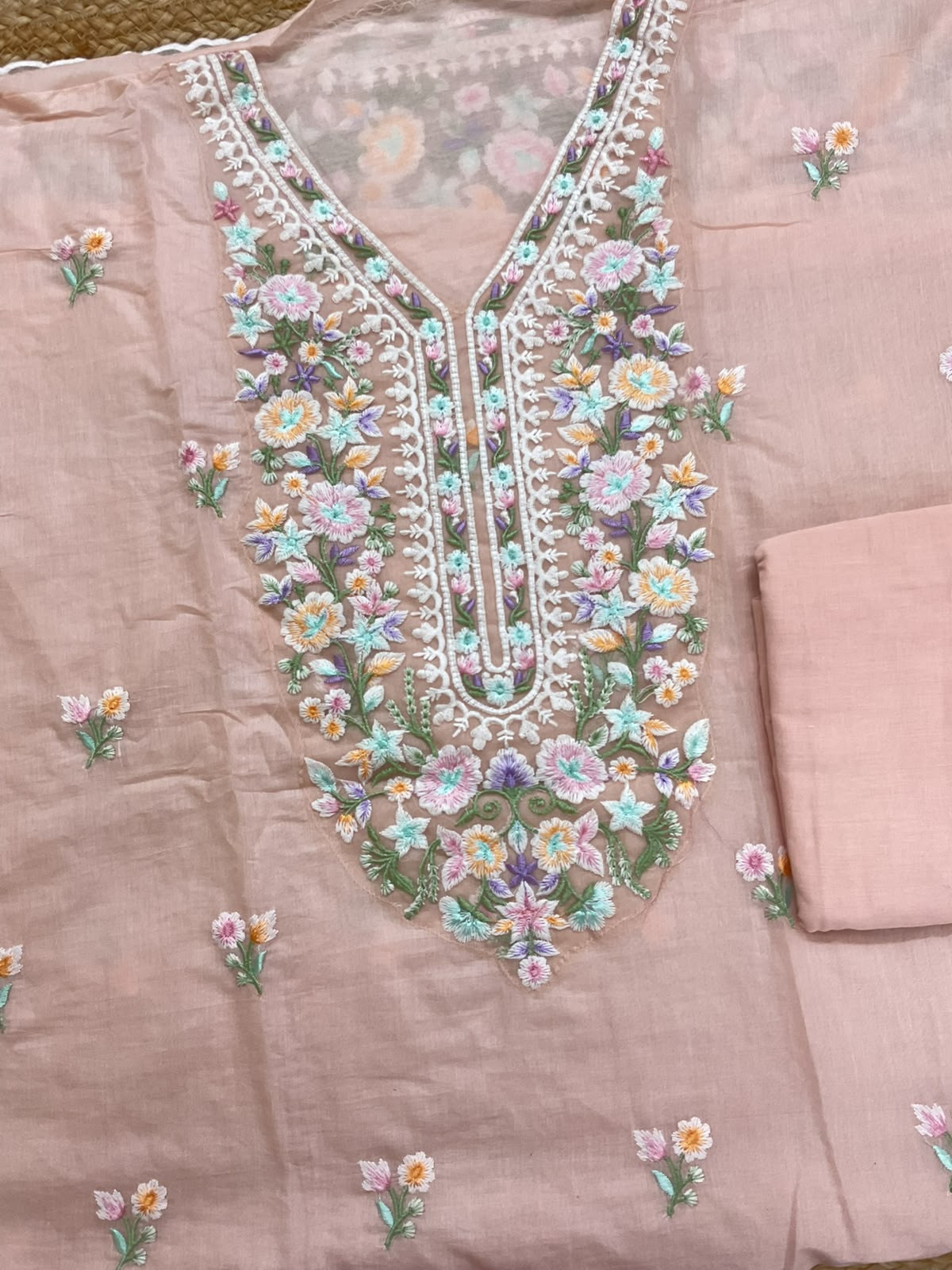 Soft Chanderi Embroidered Suit - Peach