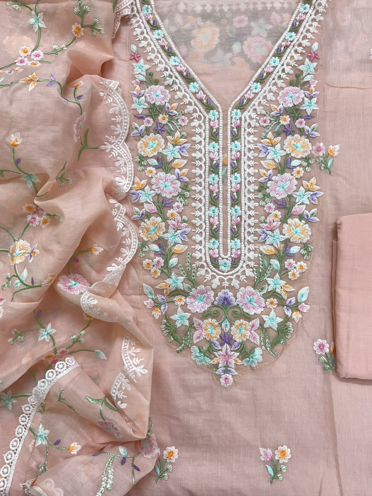 Soft Chanderi Embroidered Suit - Peach