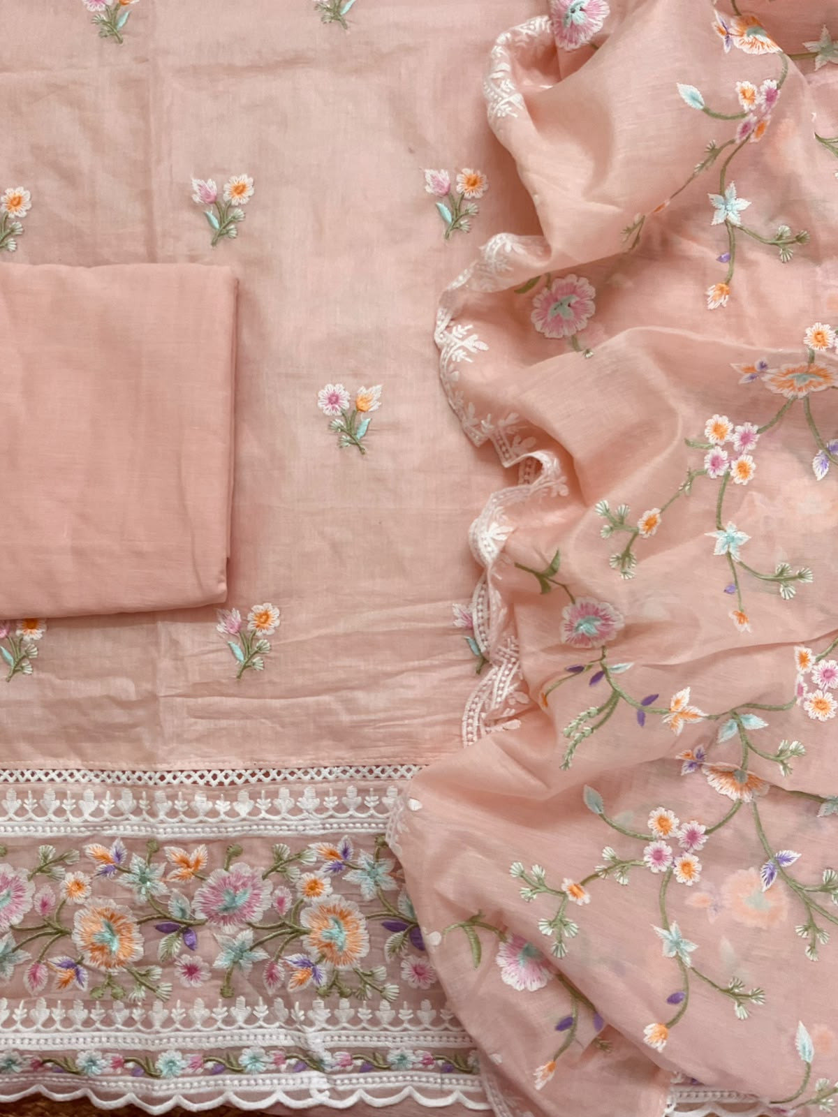 Soft Chanderi Embroidered Suit - Peach
