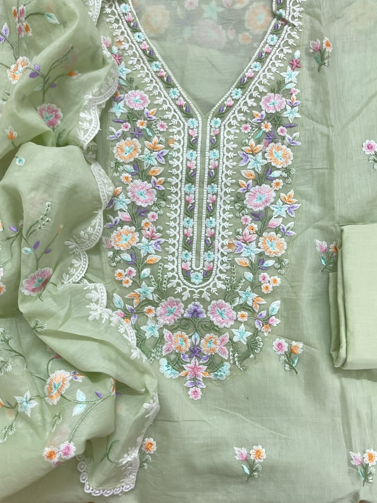 Soft Chanderi Embroidered Suit - Green
