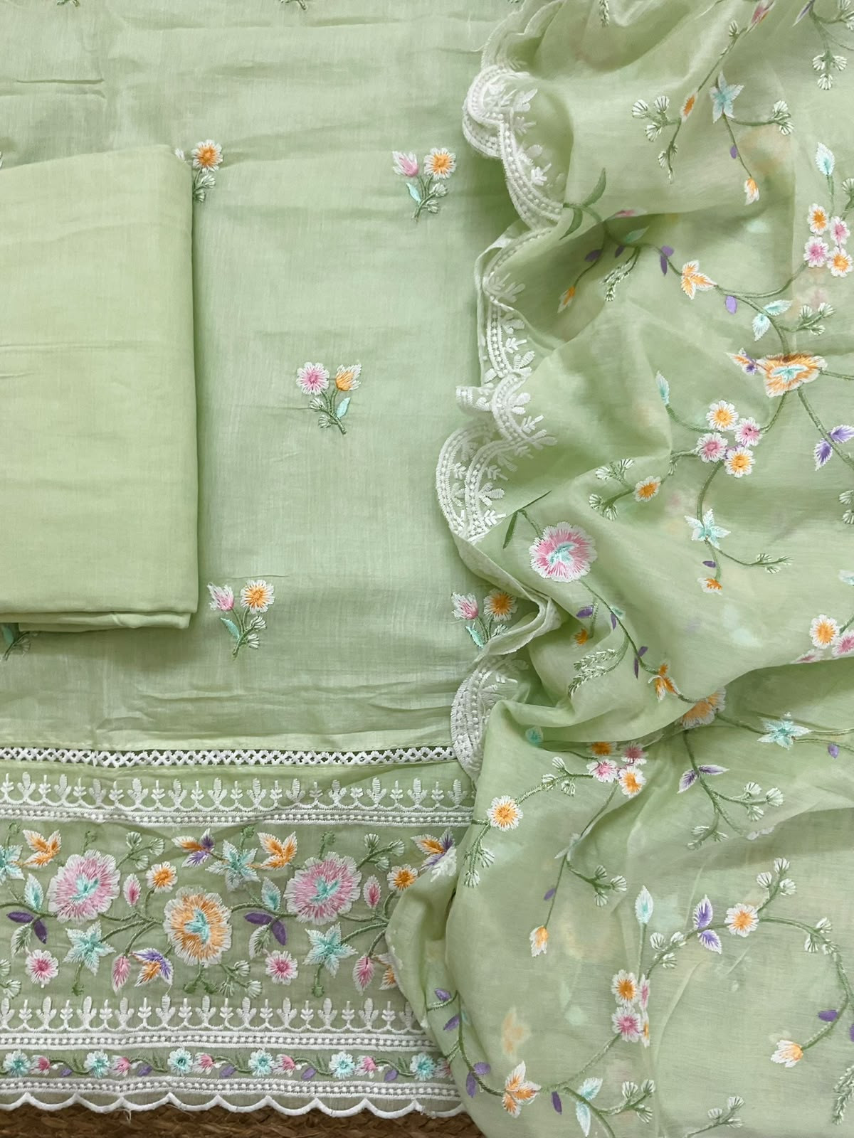 Soft Chanderi Embroidered Suit - Green