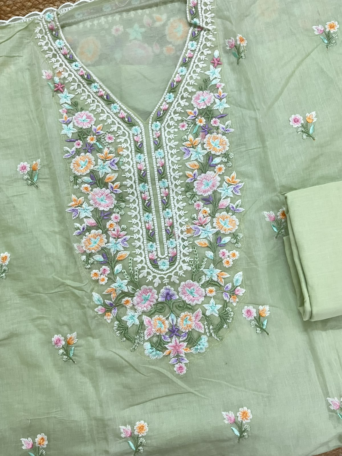 Soft Chanderi Embroidered Suit - Green