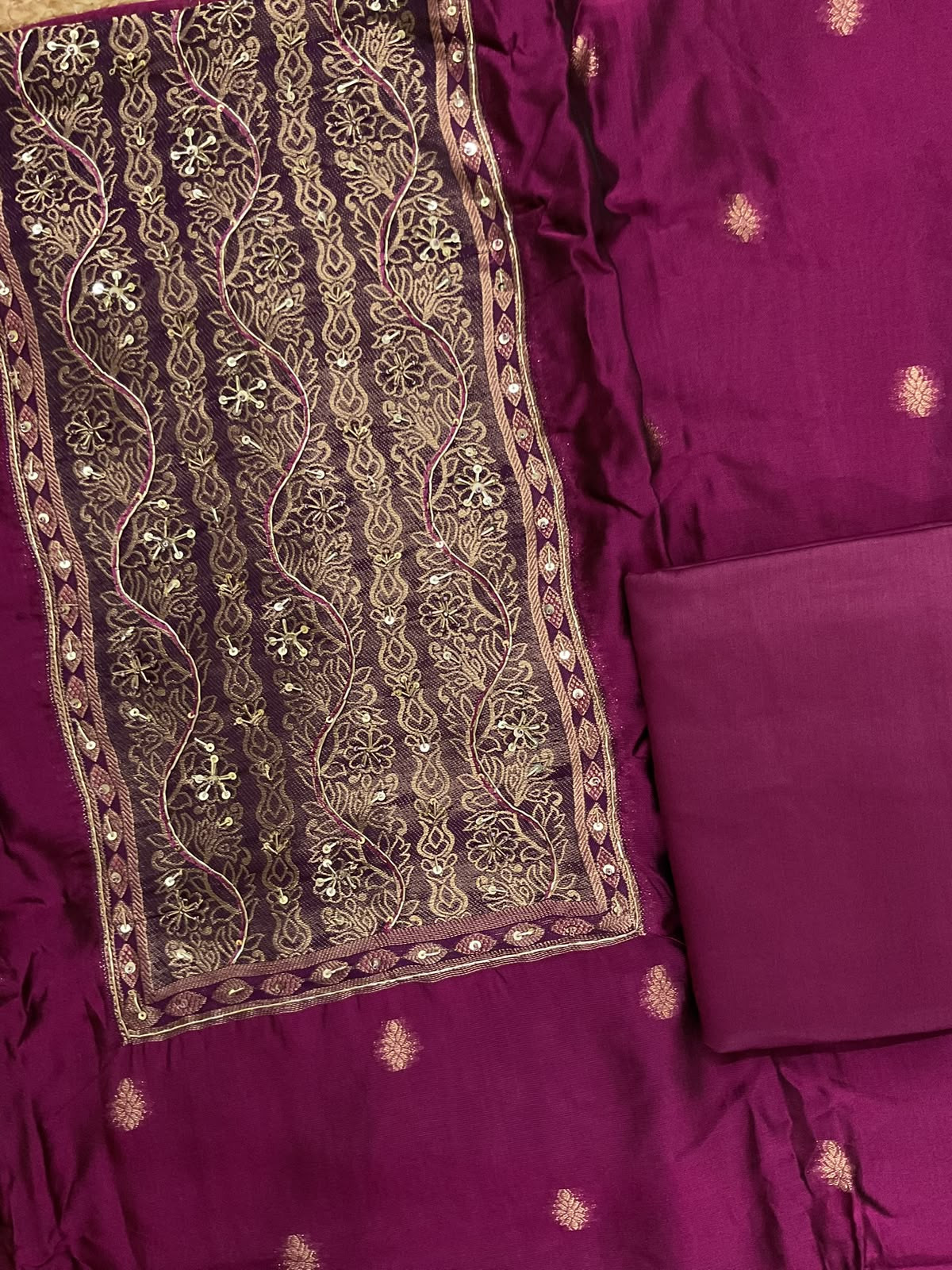 Soft Dola Silk Banarasi Weaved Embroidered Suit - Magenta
