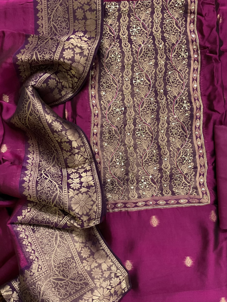 Image of Soft Dola Silk Banarasi Weaved Embroidered Suit - Magenta