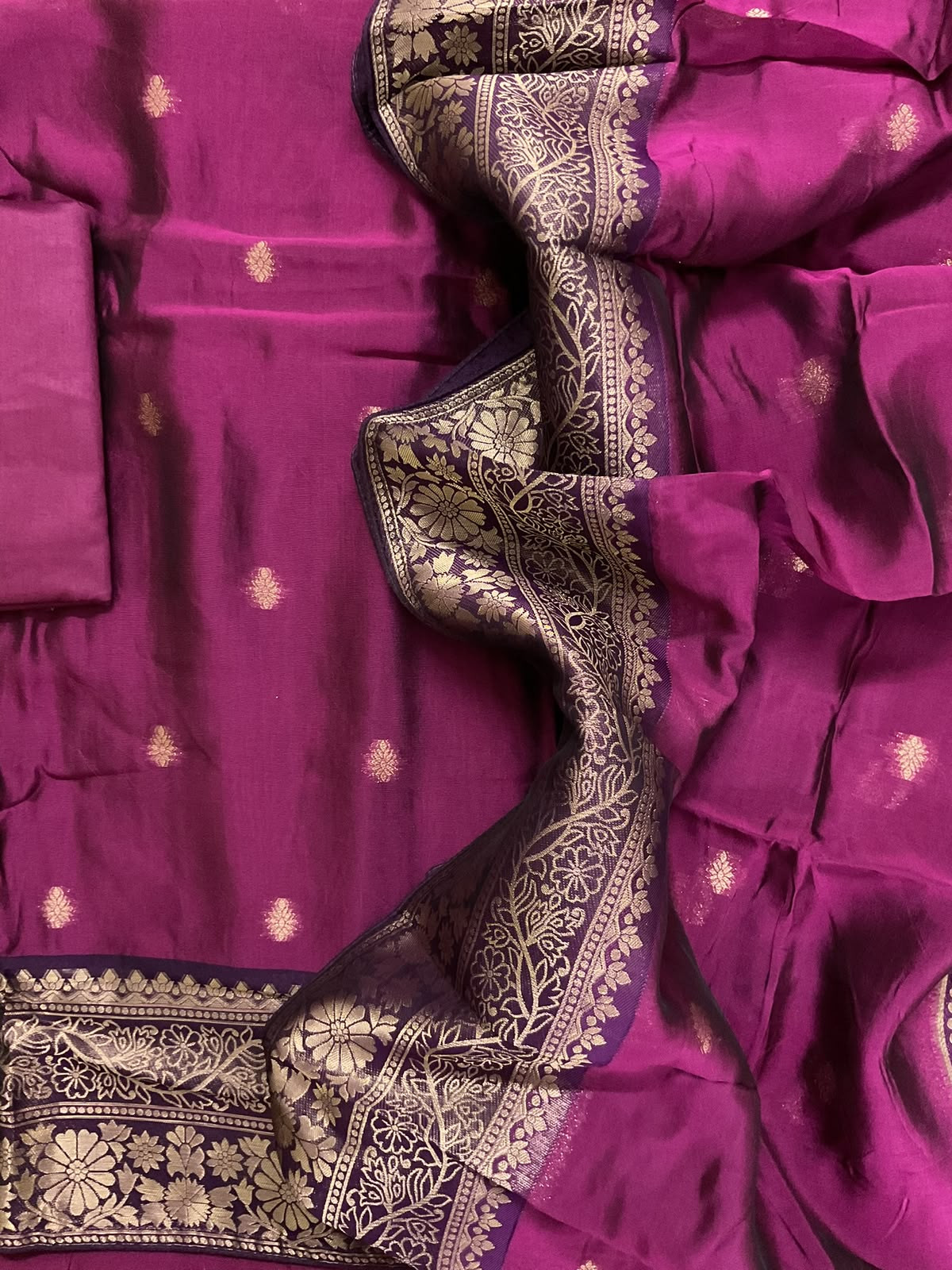 Soft Dola Silk Banarasi Weaved Embroidered Suit - Magenta