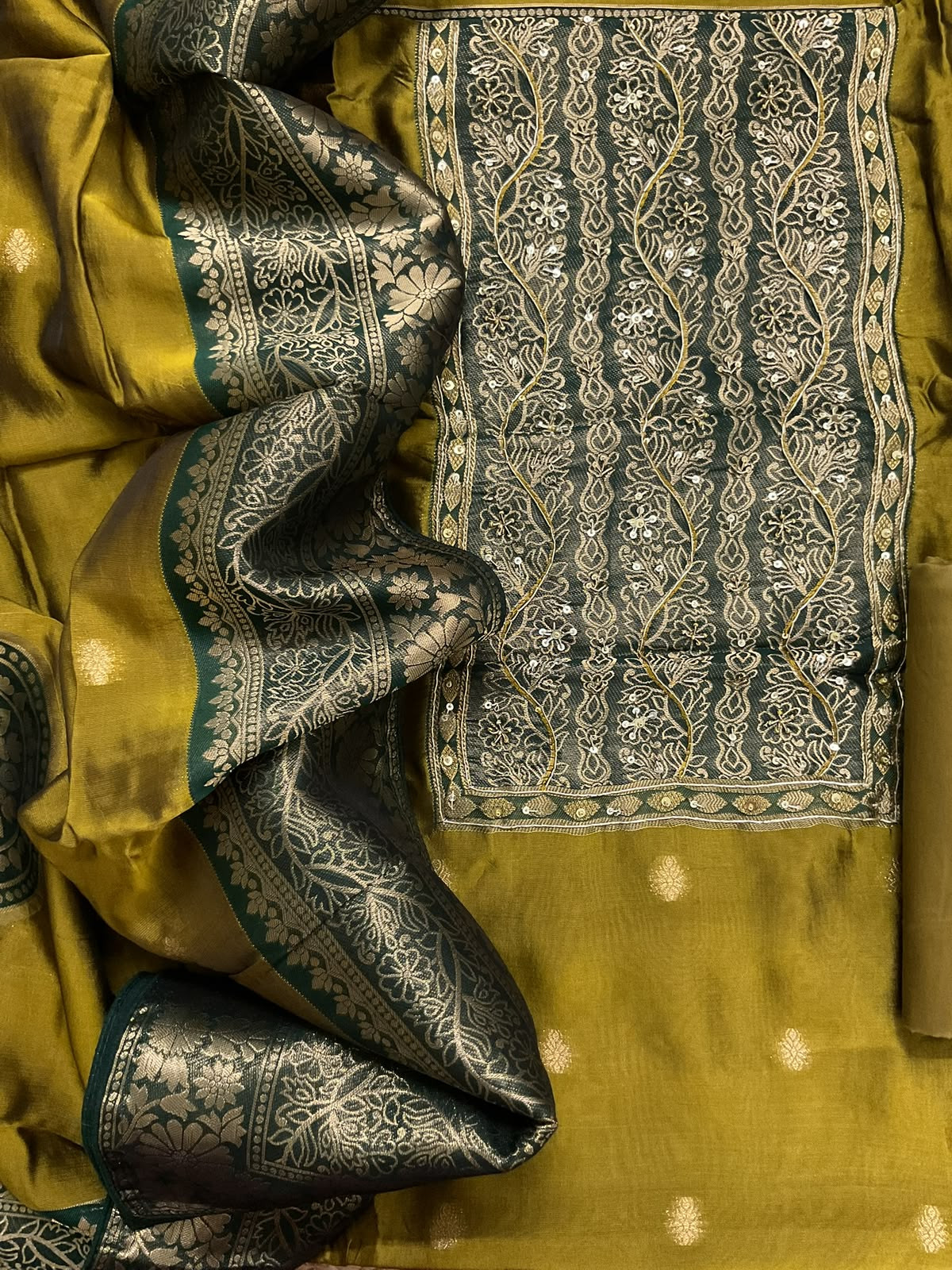 Soft Dola Silk Banarasi Weaved Embroidered Suit - Green
