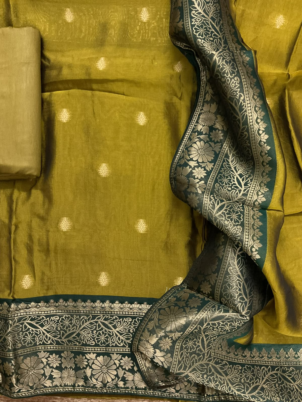 Soft Dola Silk Banarasi Weaved Embroidered Suit - Green