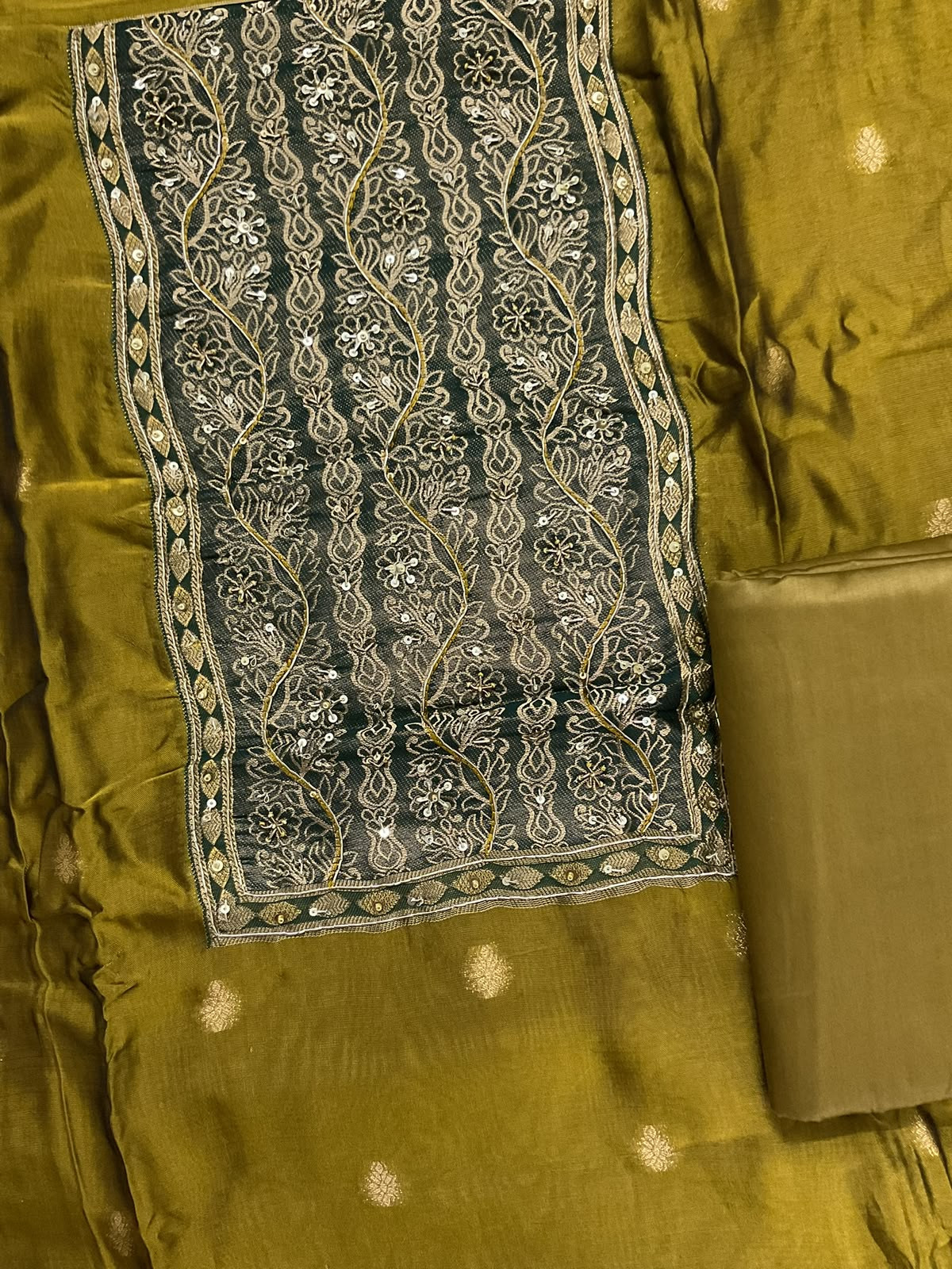 Soft Dola Silk Banarasi Weaved Embroidered Suit - Green