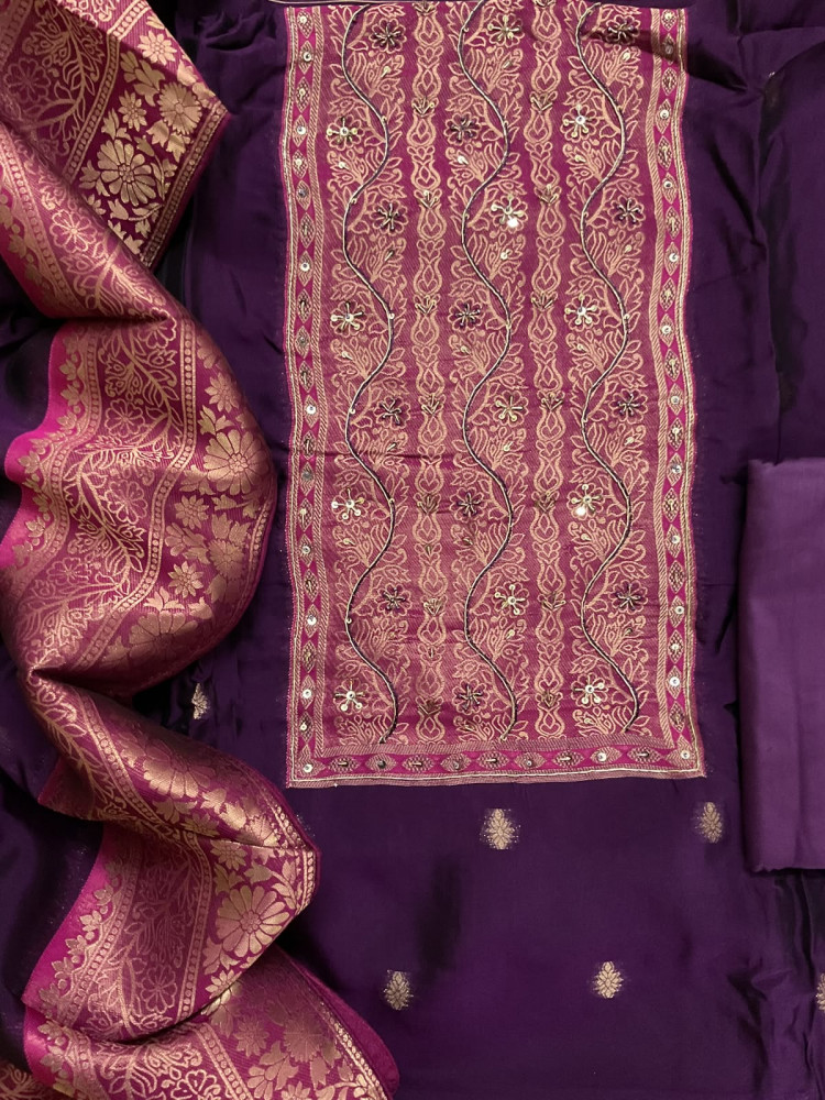 Image of Soft Dola Silk Banarasi Weaved Embroidered Suit - Violet