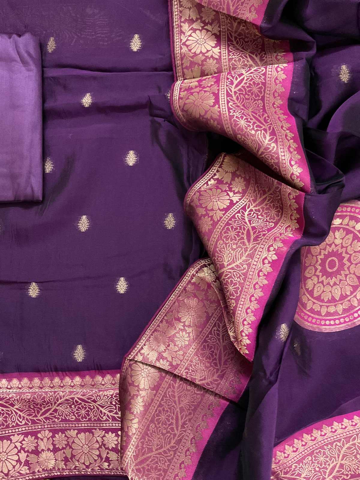 Soft Dola Silk Banarasi Weaved Embroidered Suit - Violet