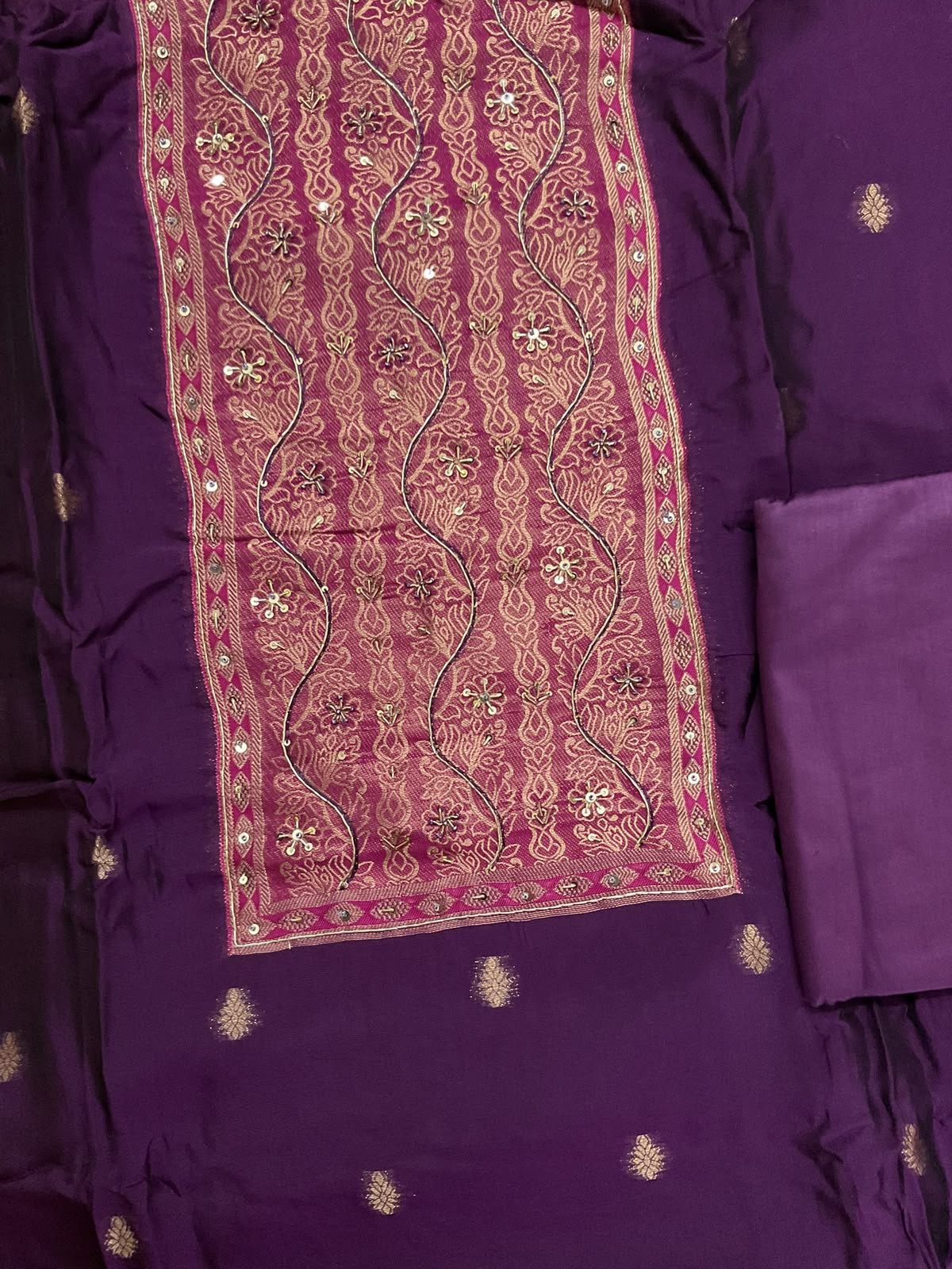 Soft Dola Silk Banarasi Weaved Embroidered Suit - Violet