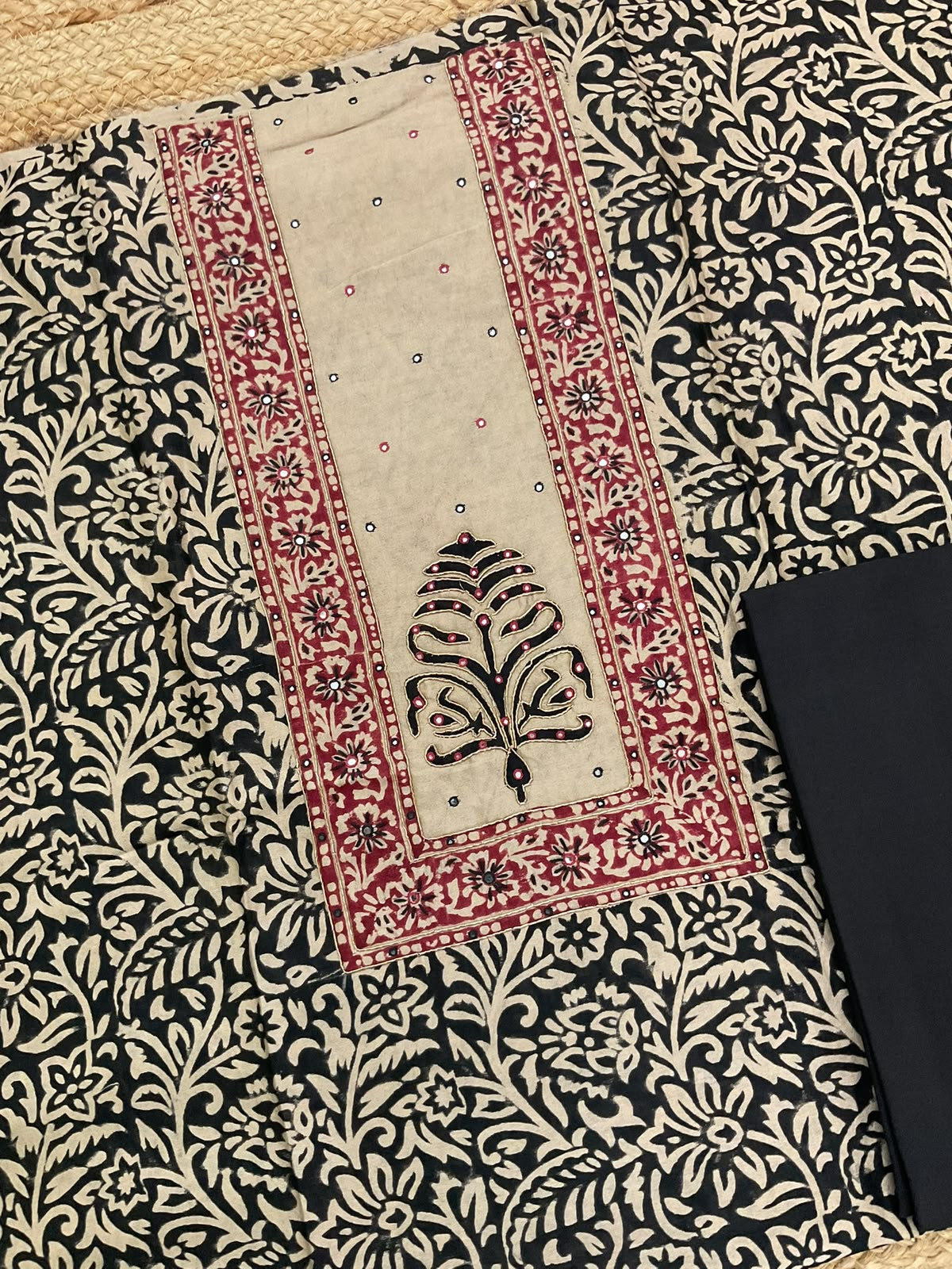 Pure Chanderi Block Printed Embroidered Suit - Black
