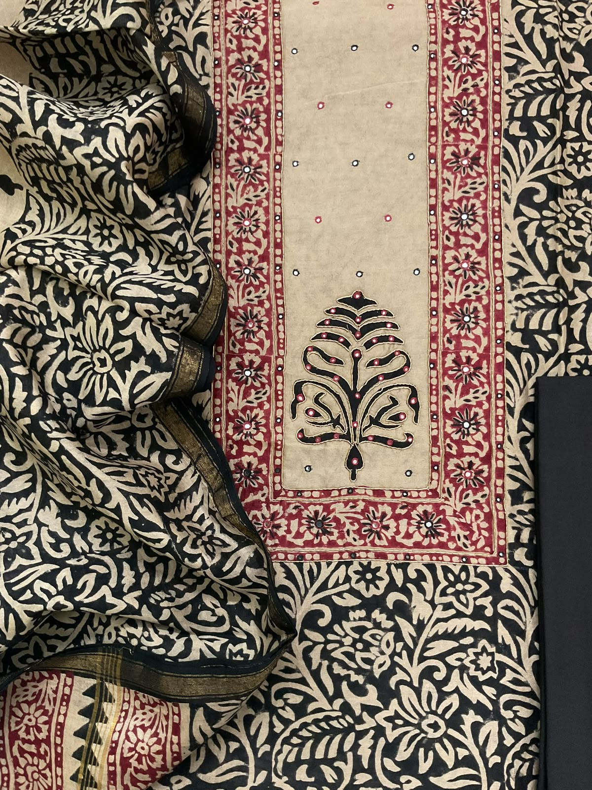 Pure Chanderi Block Printed Embroidered Suit - Black