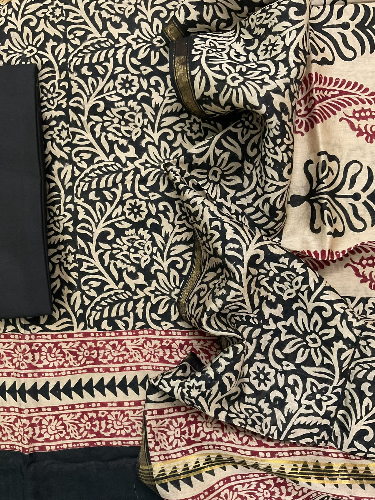 Pure Chanderi Block Printed Embroidered Suit - Black