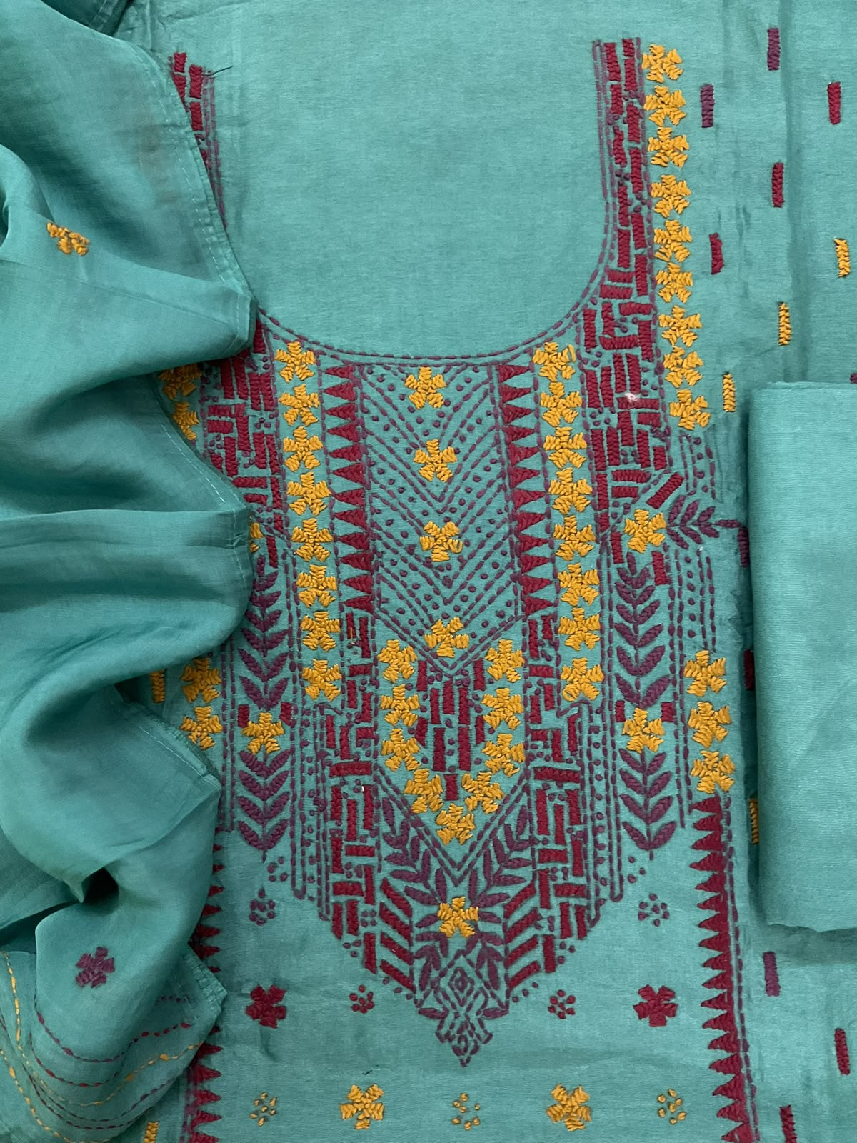 Soft Dola Silk Embroidered Suit - Blue