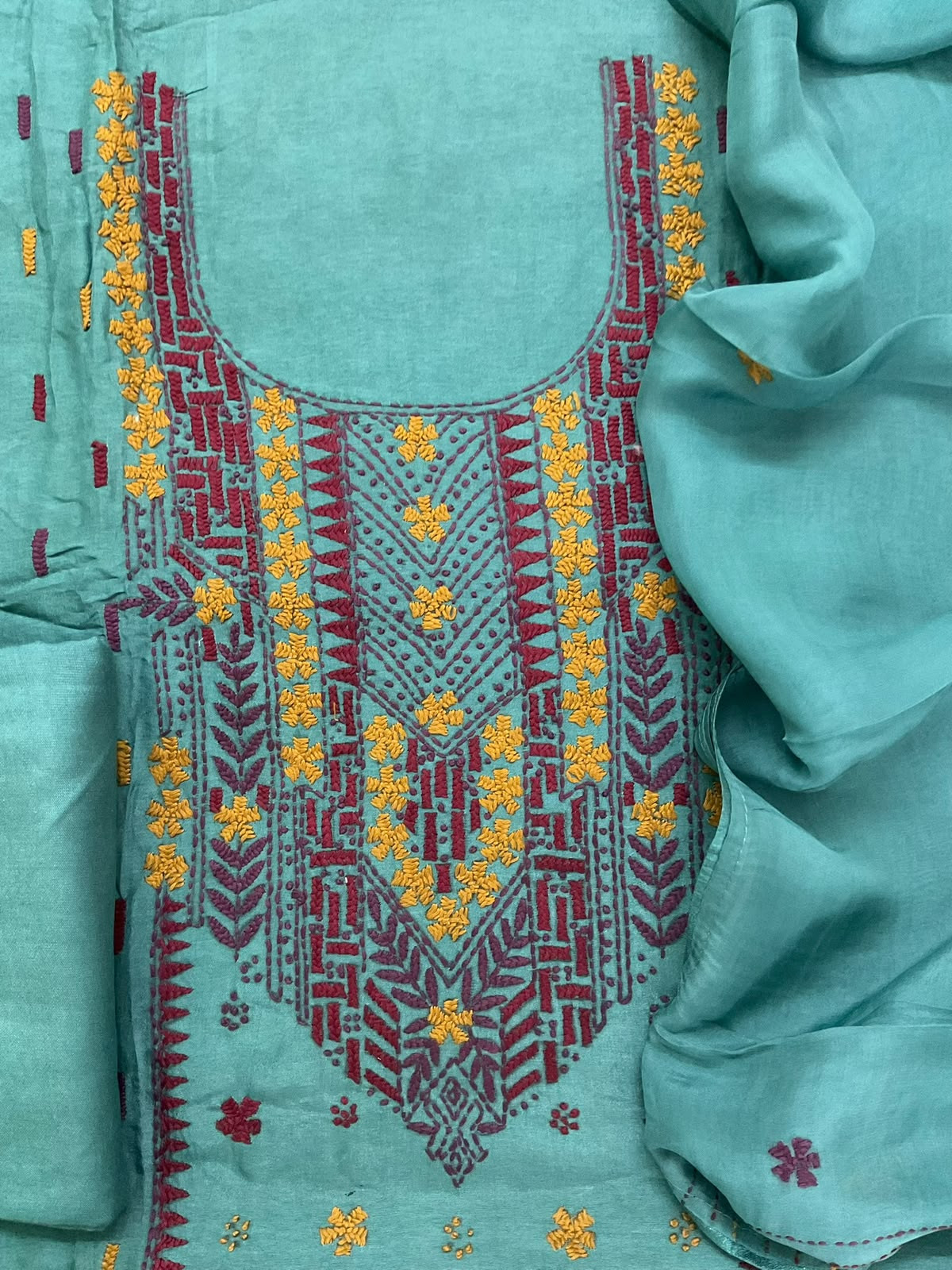 Soft Dola Silk Embroidered Suit - Blue
