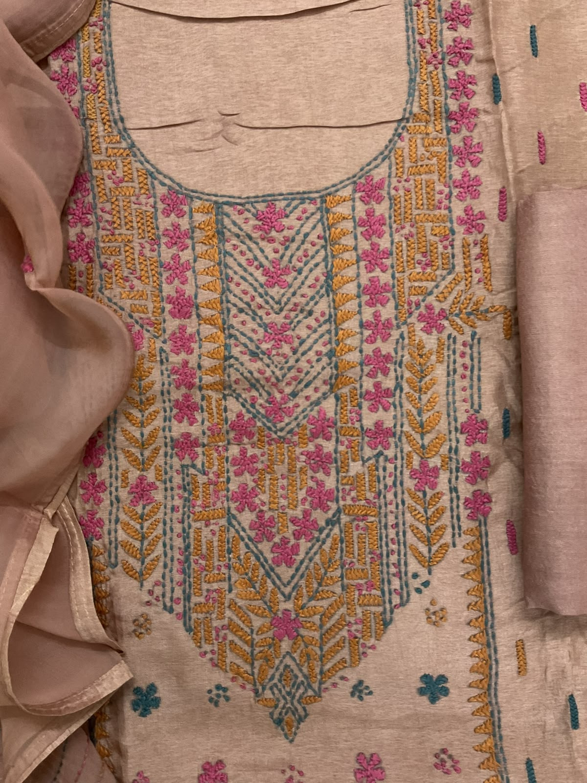 Soft Dola Silk Embroidered Suit - Beige