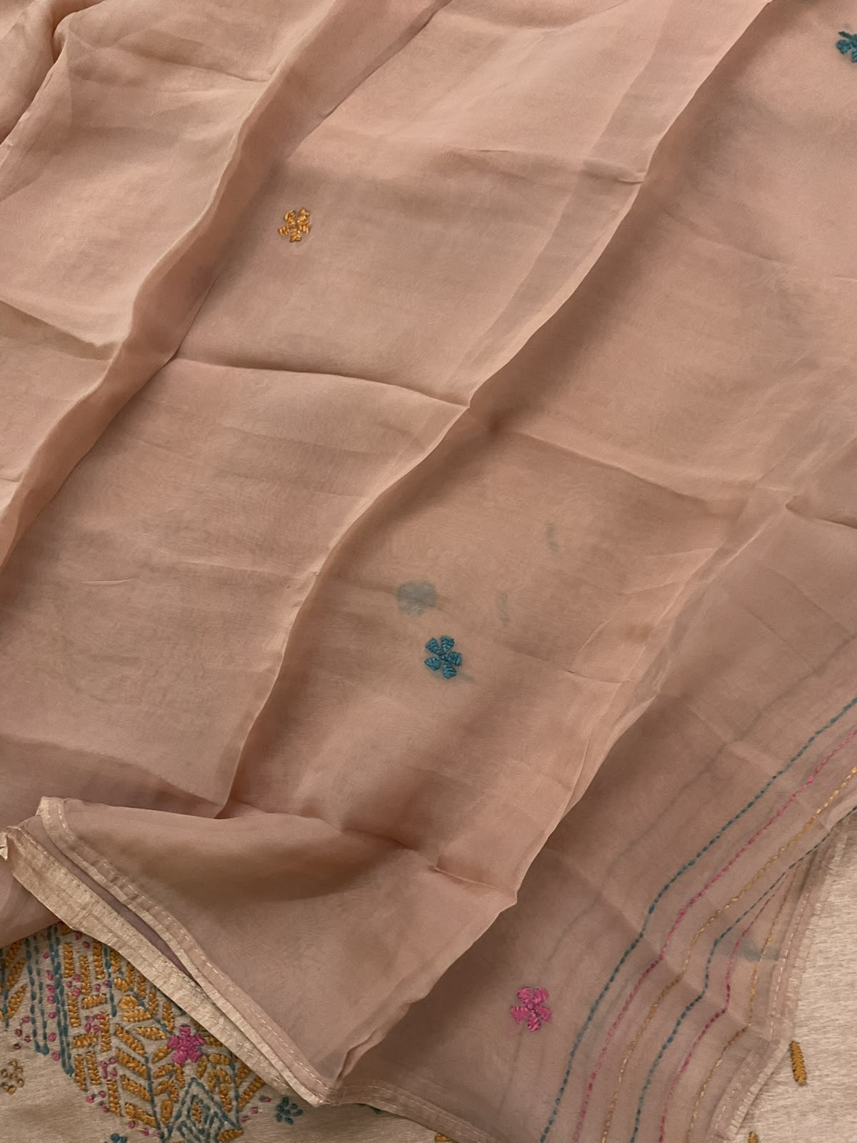Soft Dola Silk Embroidered Suit - Beige