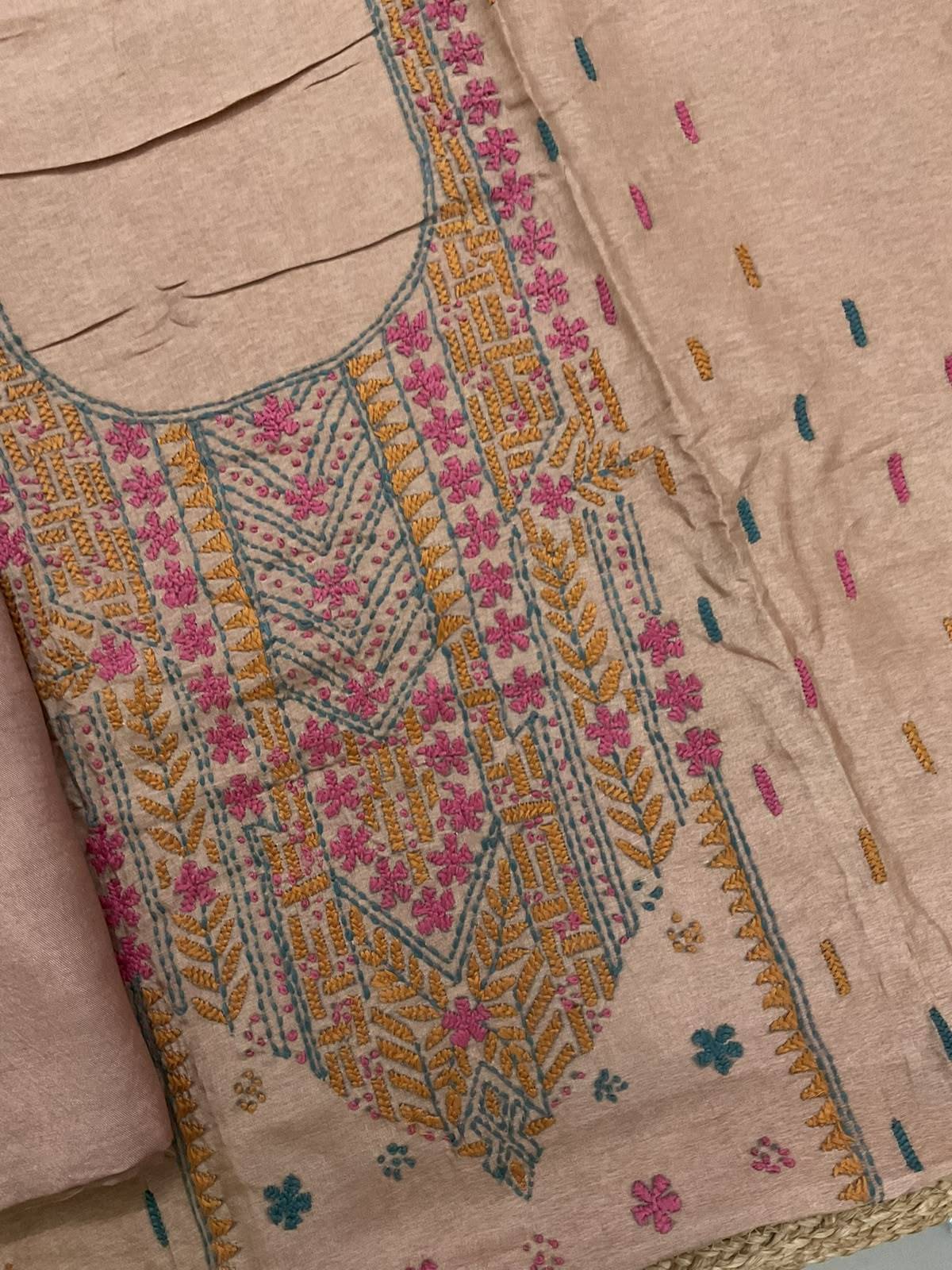 Soft Dola Silk Embroidered Suit - Beige