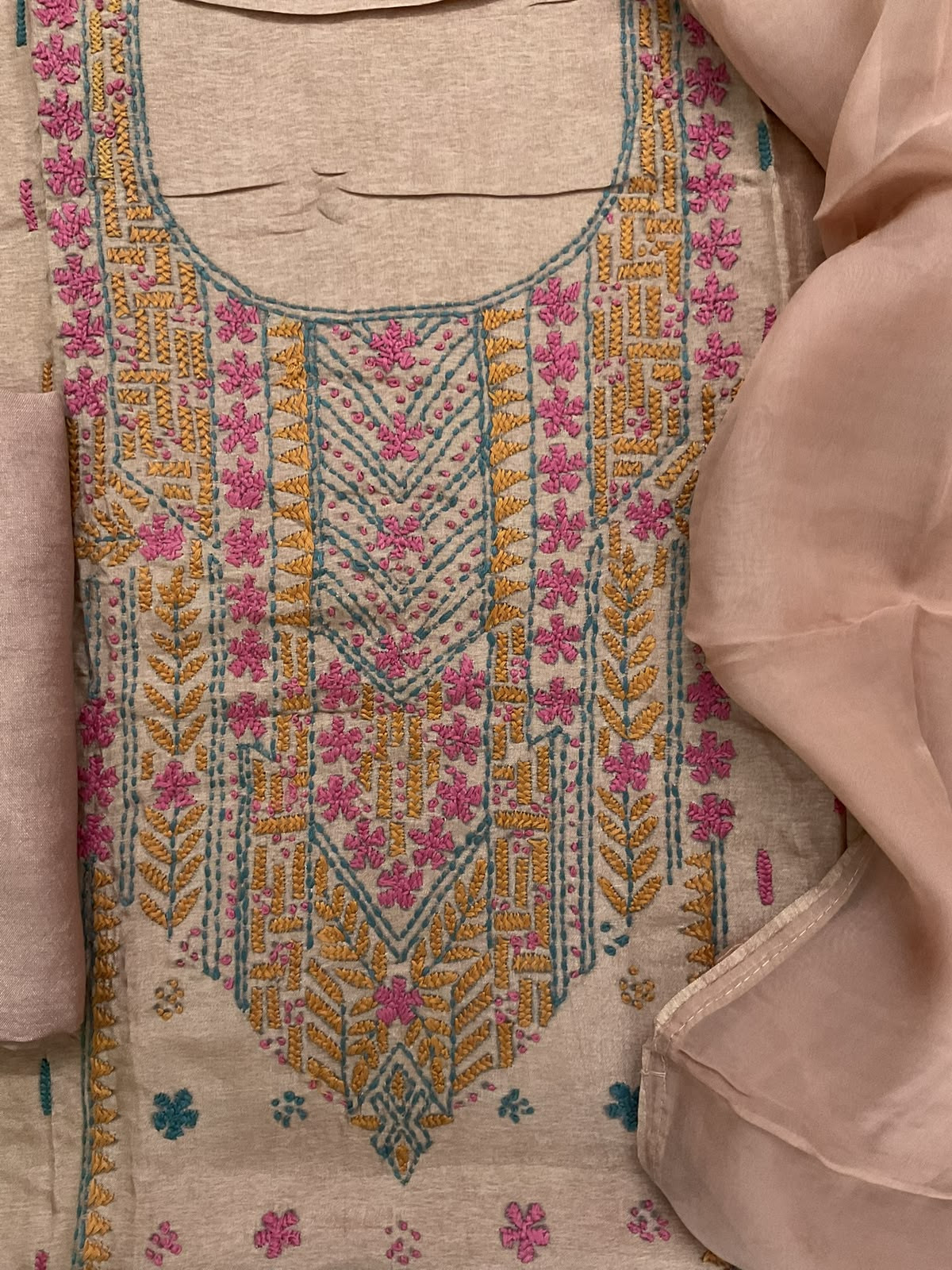 Soft Dola Silk Embroidered Suit - Beige