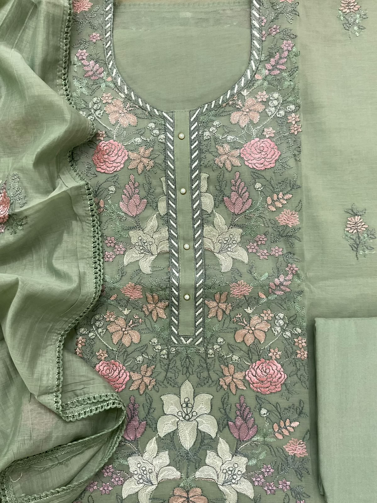 Soft Chanderi Embroidered Suit - Green