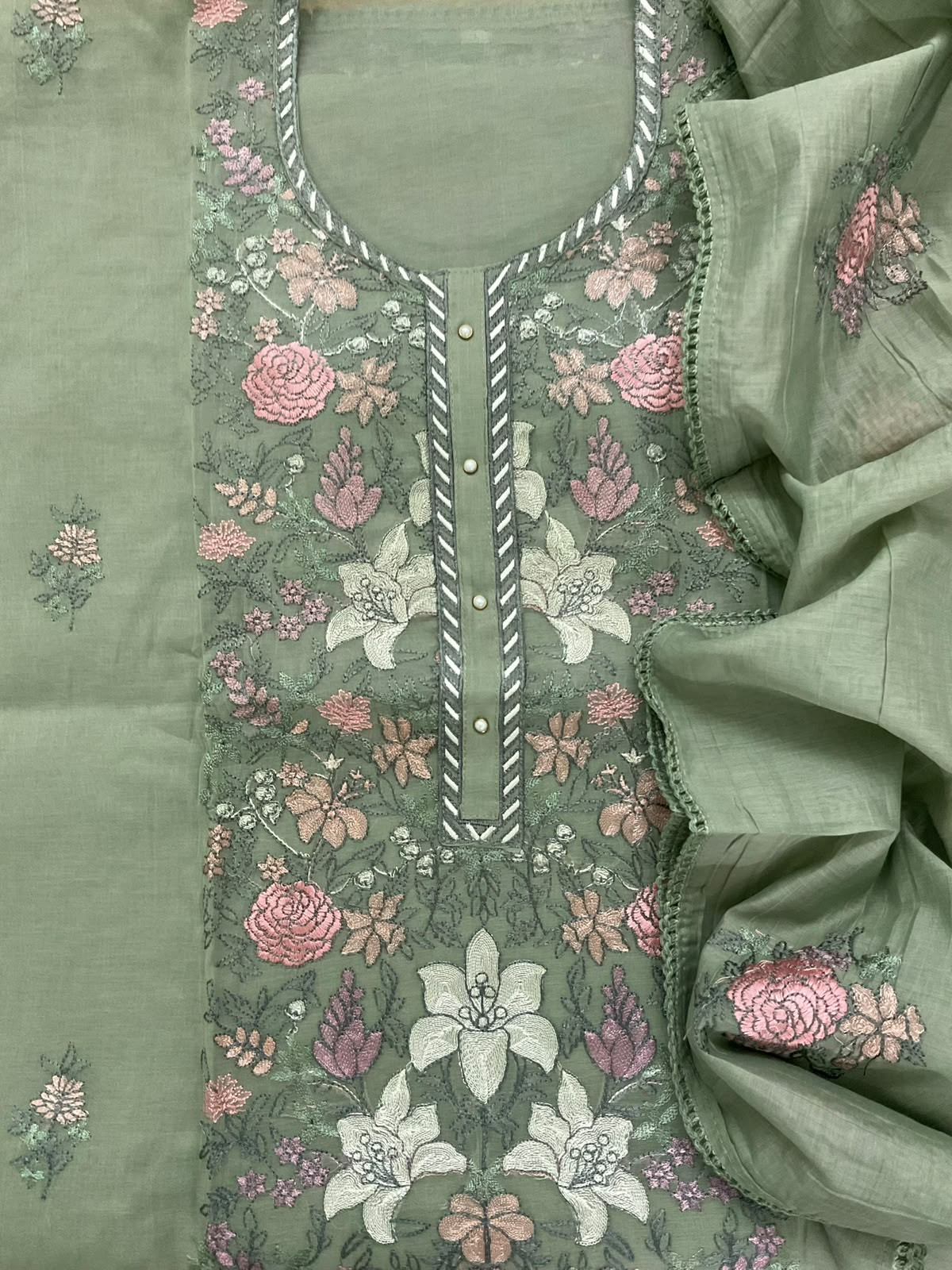 Soft Chanderi Embroidered Suit - Green